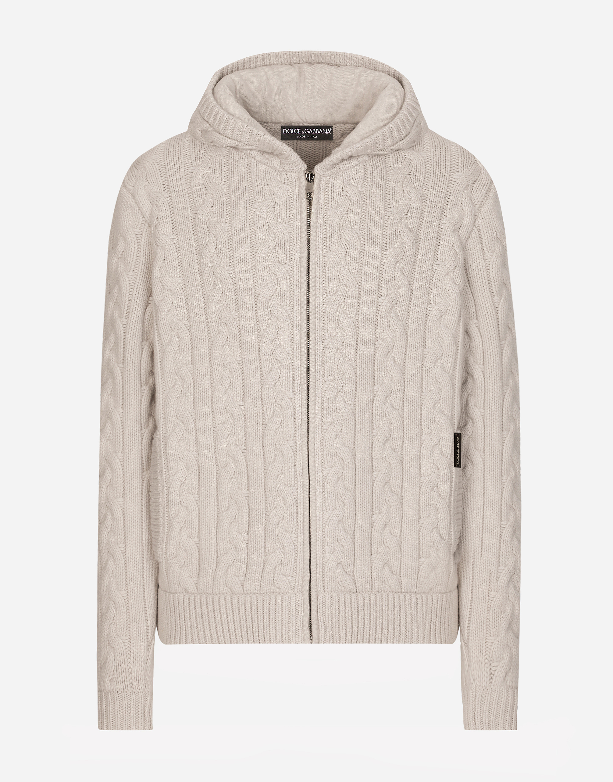 Dolce & Gabbana Cashmere And Wool Zip-up Hoodie With Dg Patch In Beige