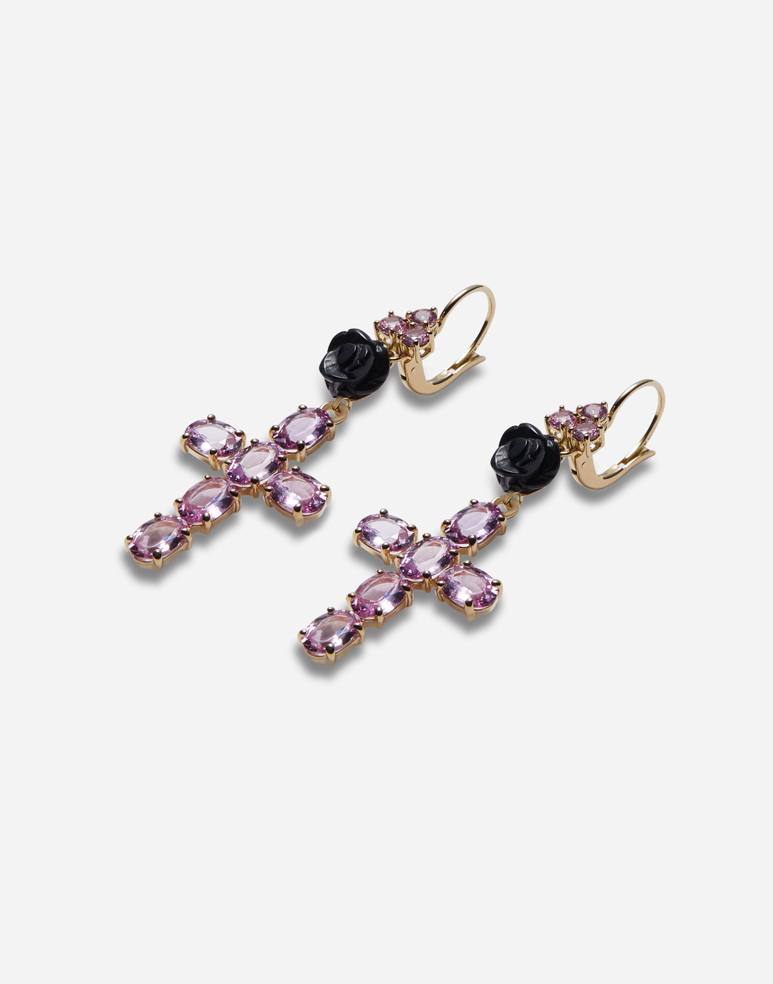 DOLCE & GABBANA FAMILY YELLOW GOLD EARRINGS WITH ROSE AND CROSS PENDANT