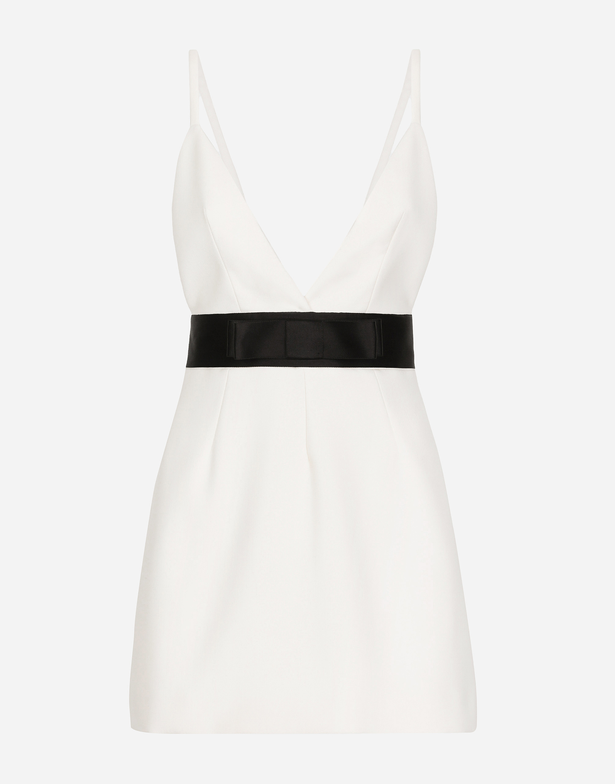 Short woolen dress with satin belt and straps in White for