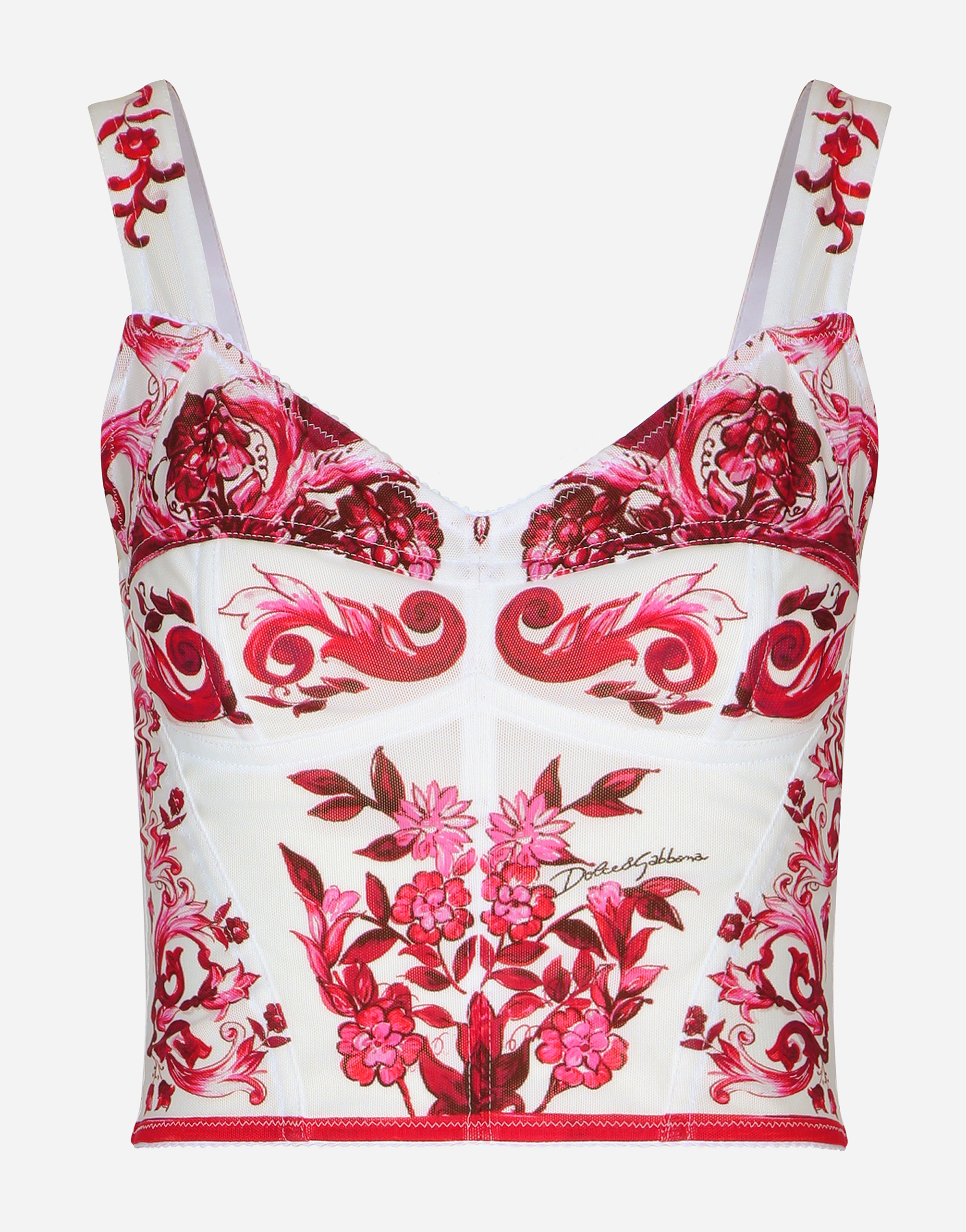 Dolce & Gabbana Majolica-print Crop Marquisette Bustier Top In Multicolor