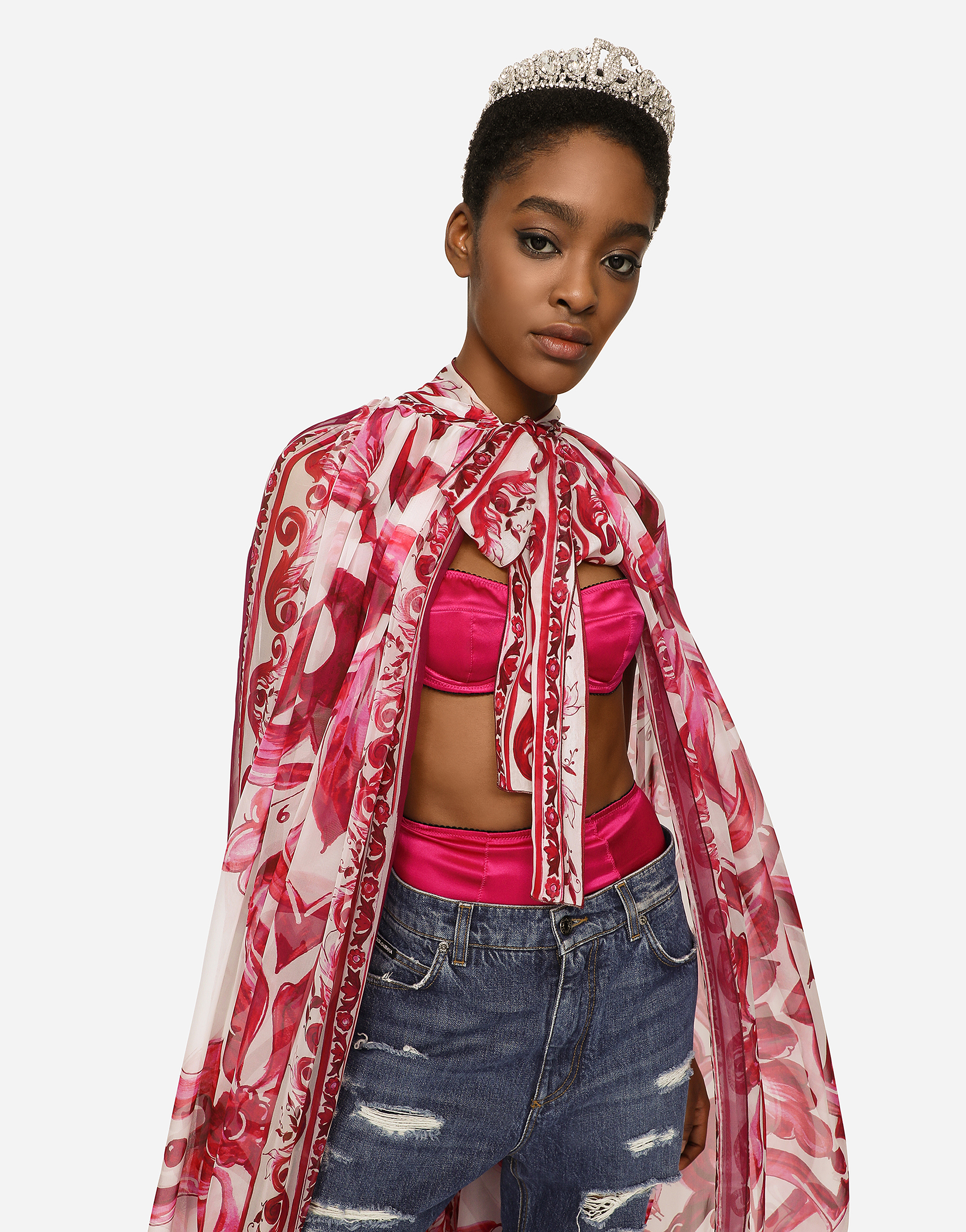 DOLCE & GABBANA MAJOLICA-PRINT CHIFFON CAPE