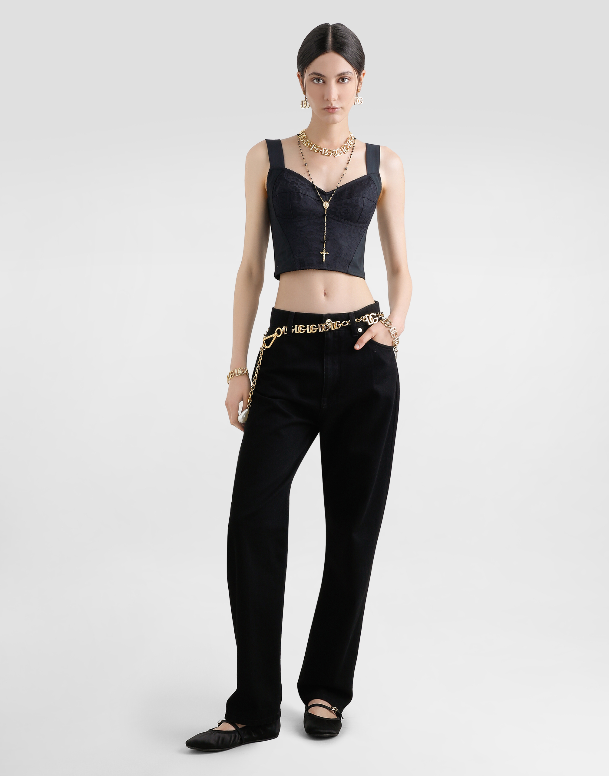 Dolce & Gabbana Shaper Corset Bustier Top In Jacquard And Lace In Black