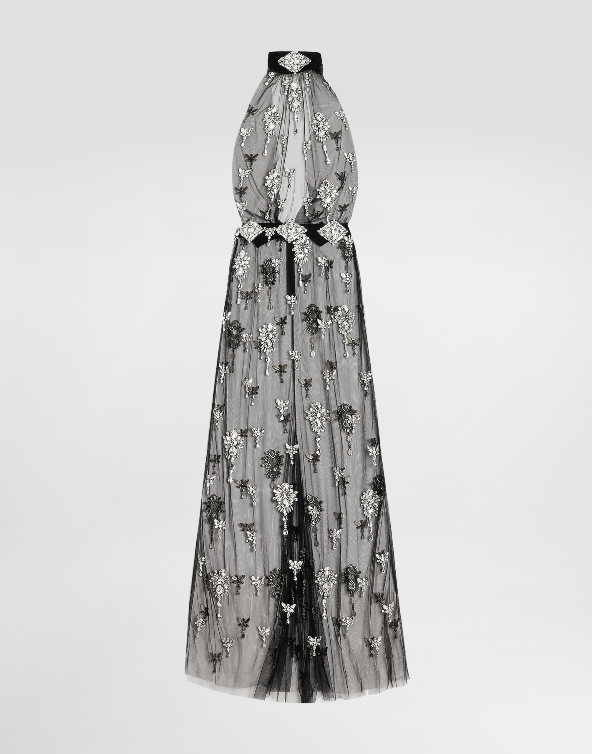 Long dress in tulle embroidered with rhinestones