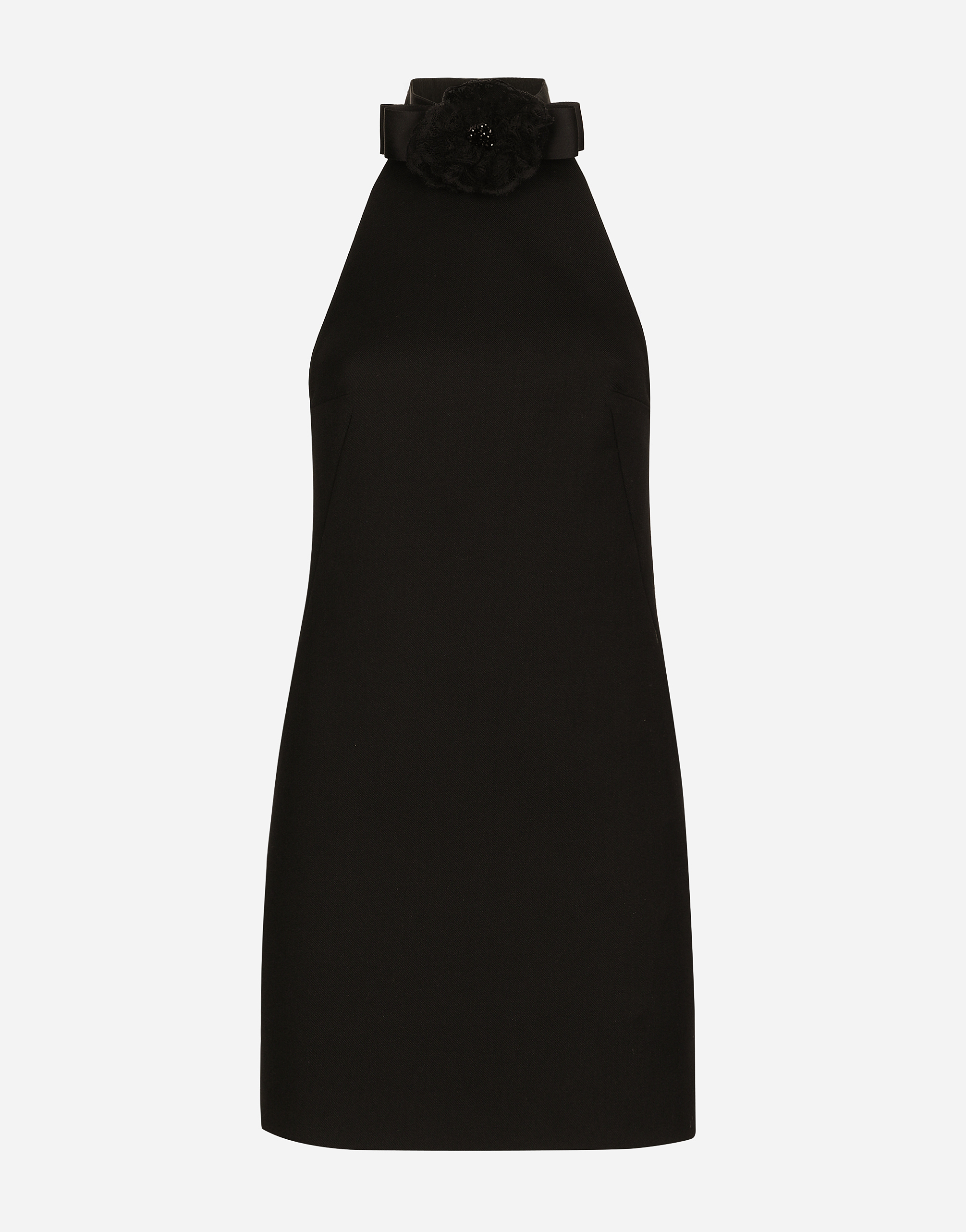 Dolce & Gabbana Black Mini Dress With Floral Detail In Wool Woman In ブラック