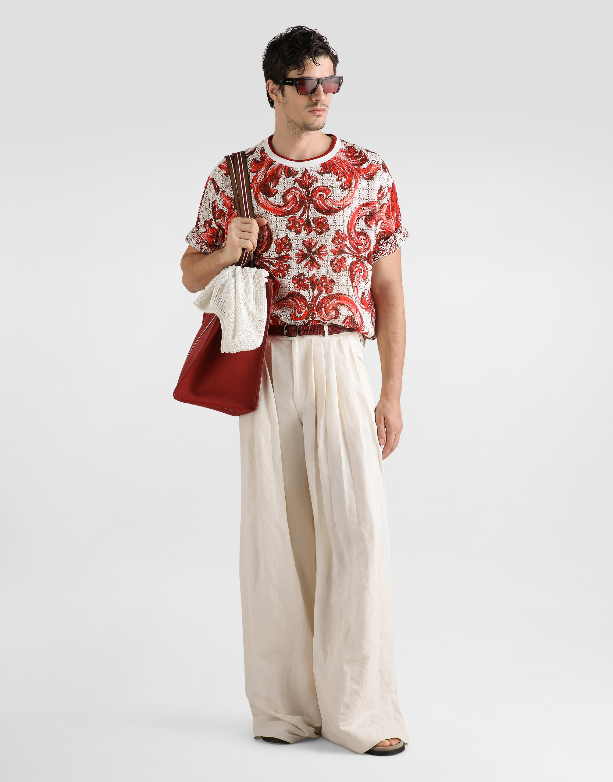  Dolce & Gabbana Camiseta En Encaje Sangallo Con Estampado De Mayólica - Hombre Camisetas Y Polos Multicolor Xl 
