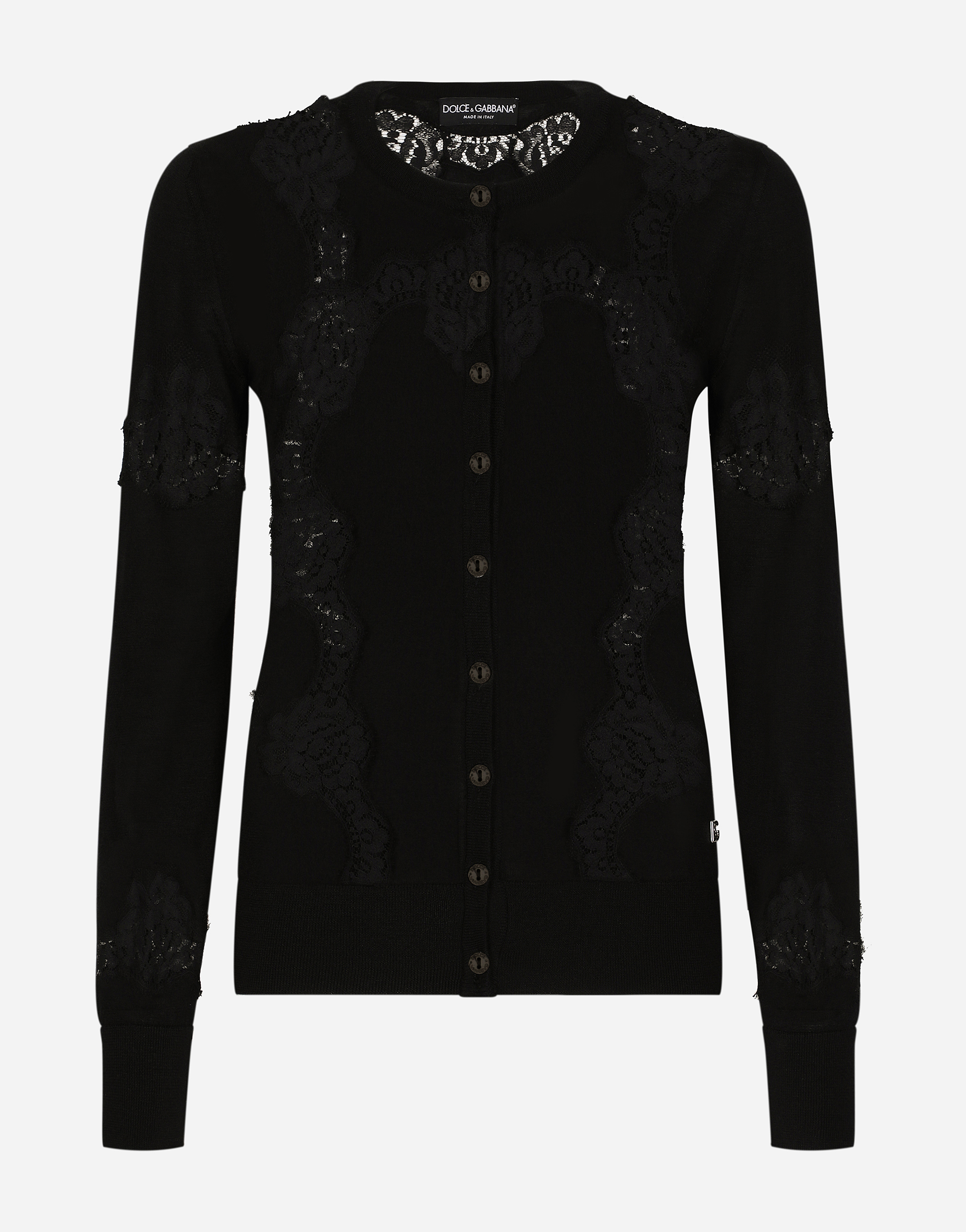 Dolce & Gabbana Cashmere And Silk Cardigan With Lace Inlay - Woman Sweaters And Cardigans Black