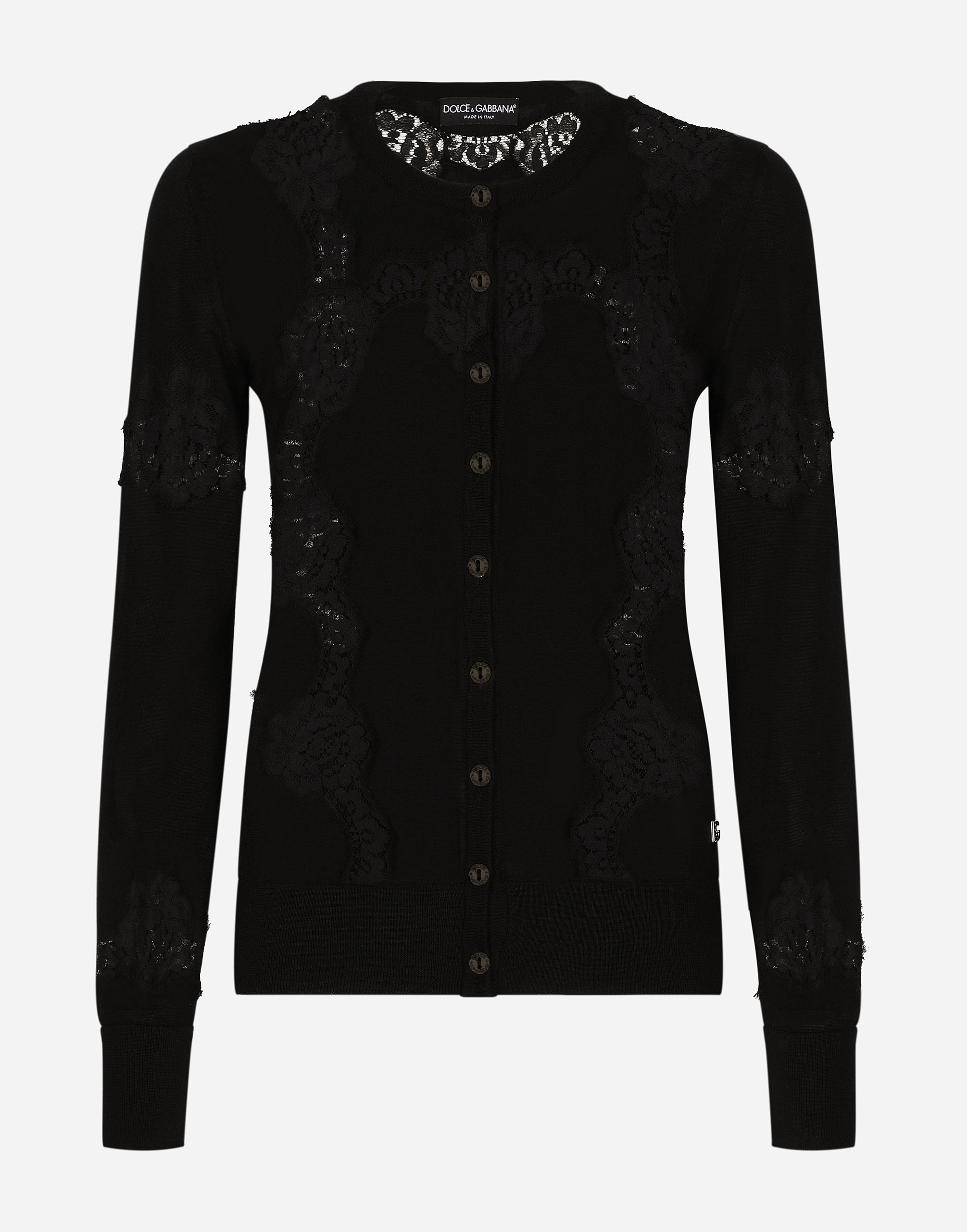 Shop Dolce & Gabbana Cashmere And Silk Cardigan With Lace Inlay In Black