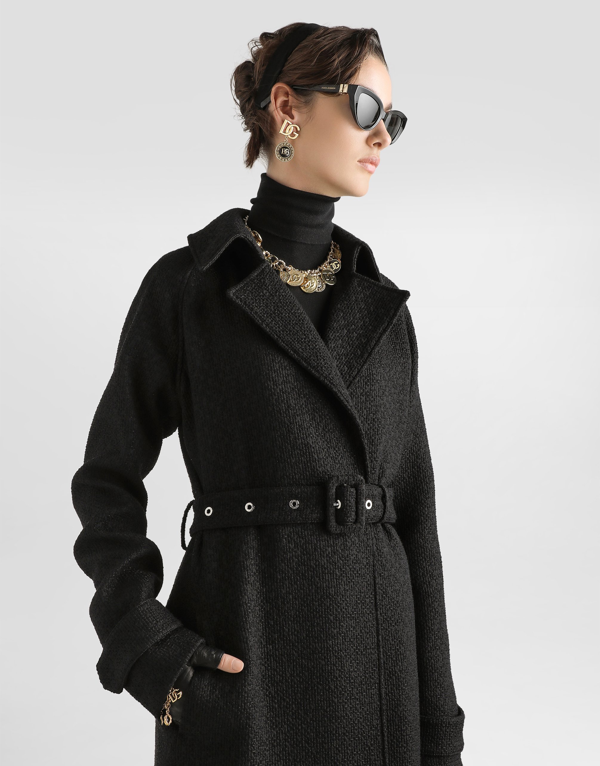 Dolce & Gabbana Tweed Trench Coat In Black
