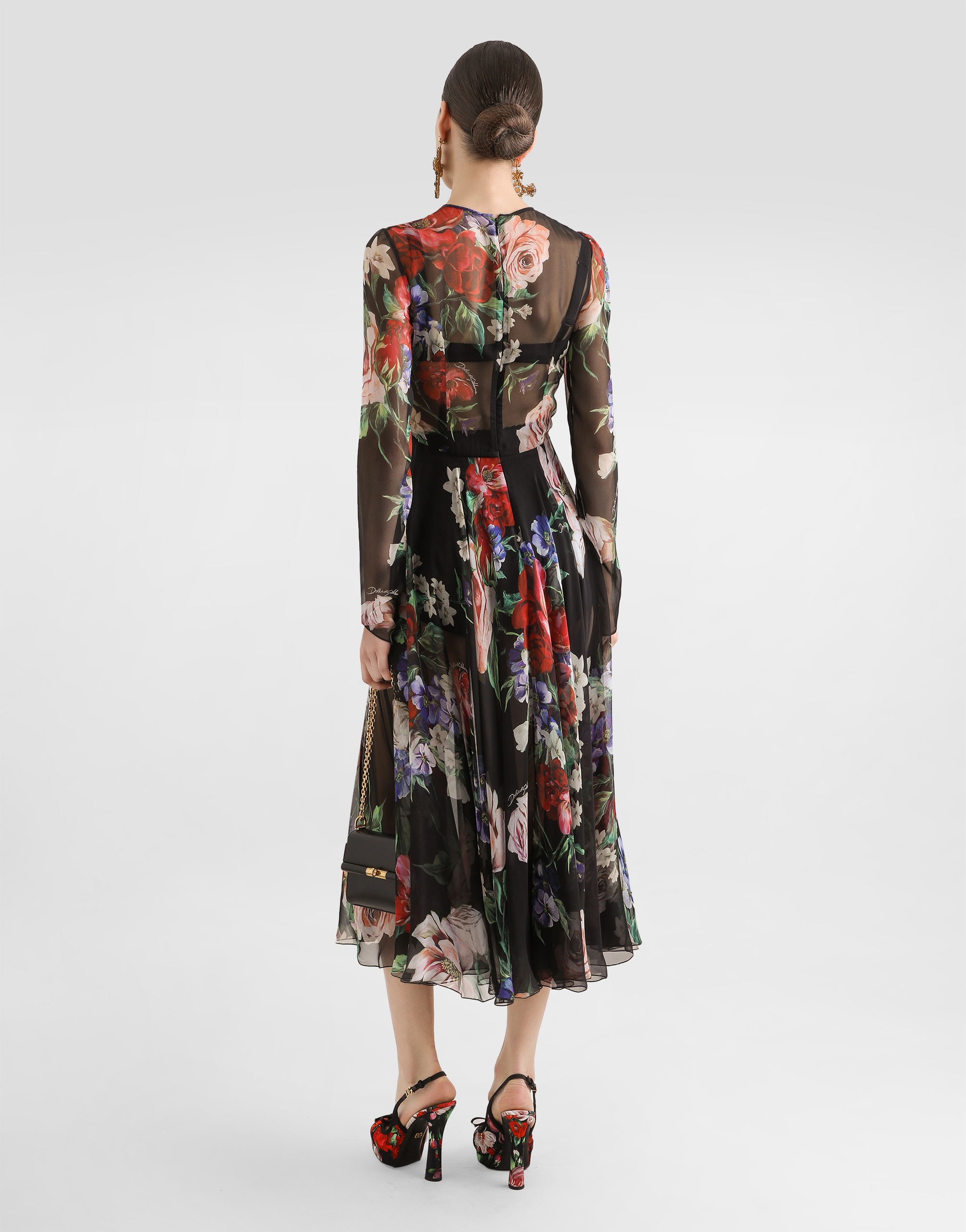 Dolce & Gabbana Floral-print Chiffon Calf-length Dress With Circle Skirt In Print