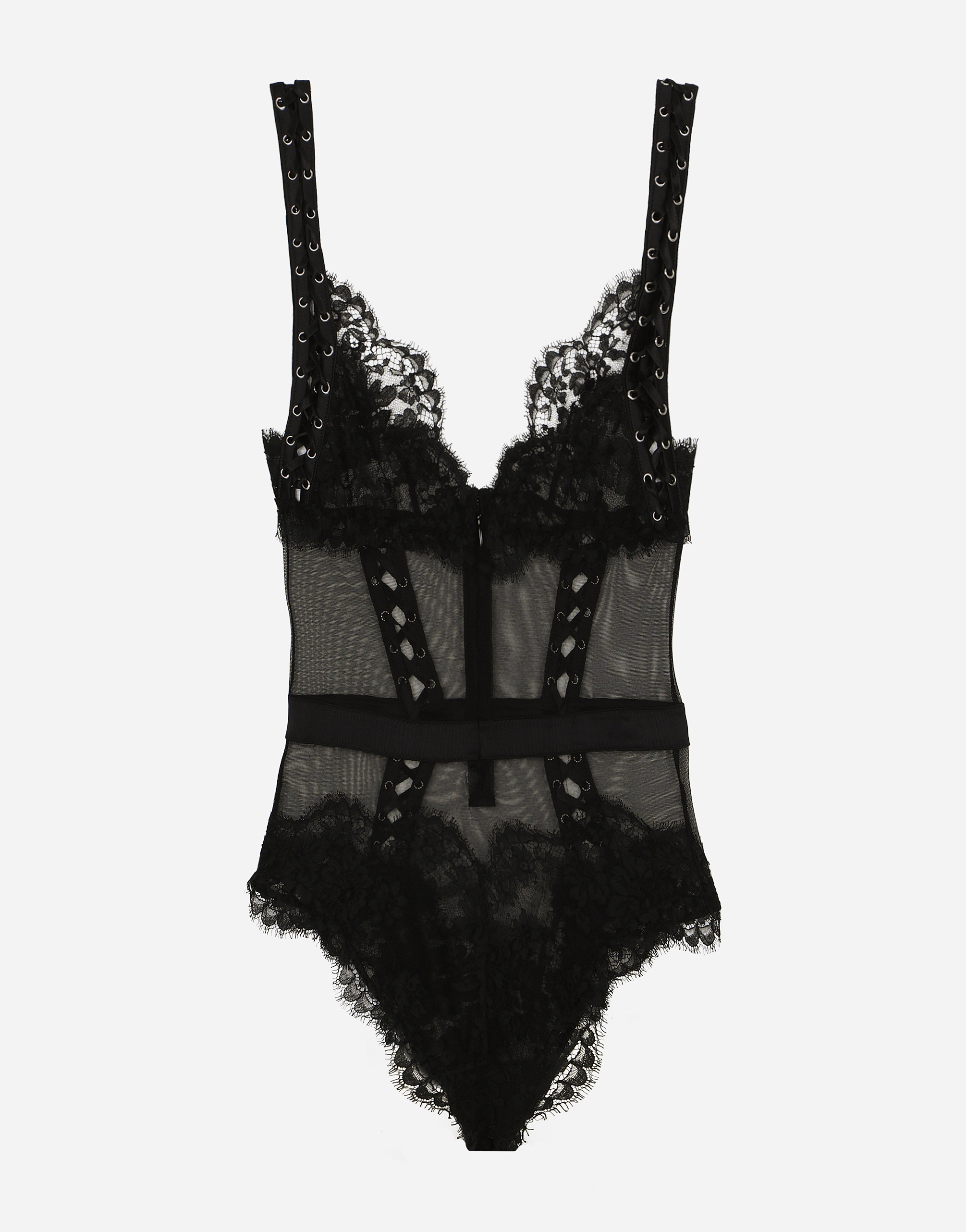 Dolce & Gabbana Lace And Tulle Bodysuit With Lacing And Eyelets In ブラック