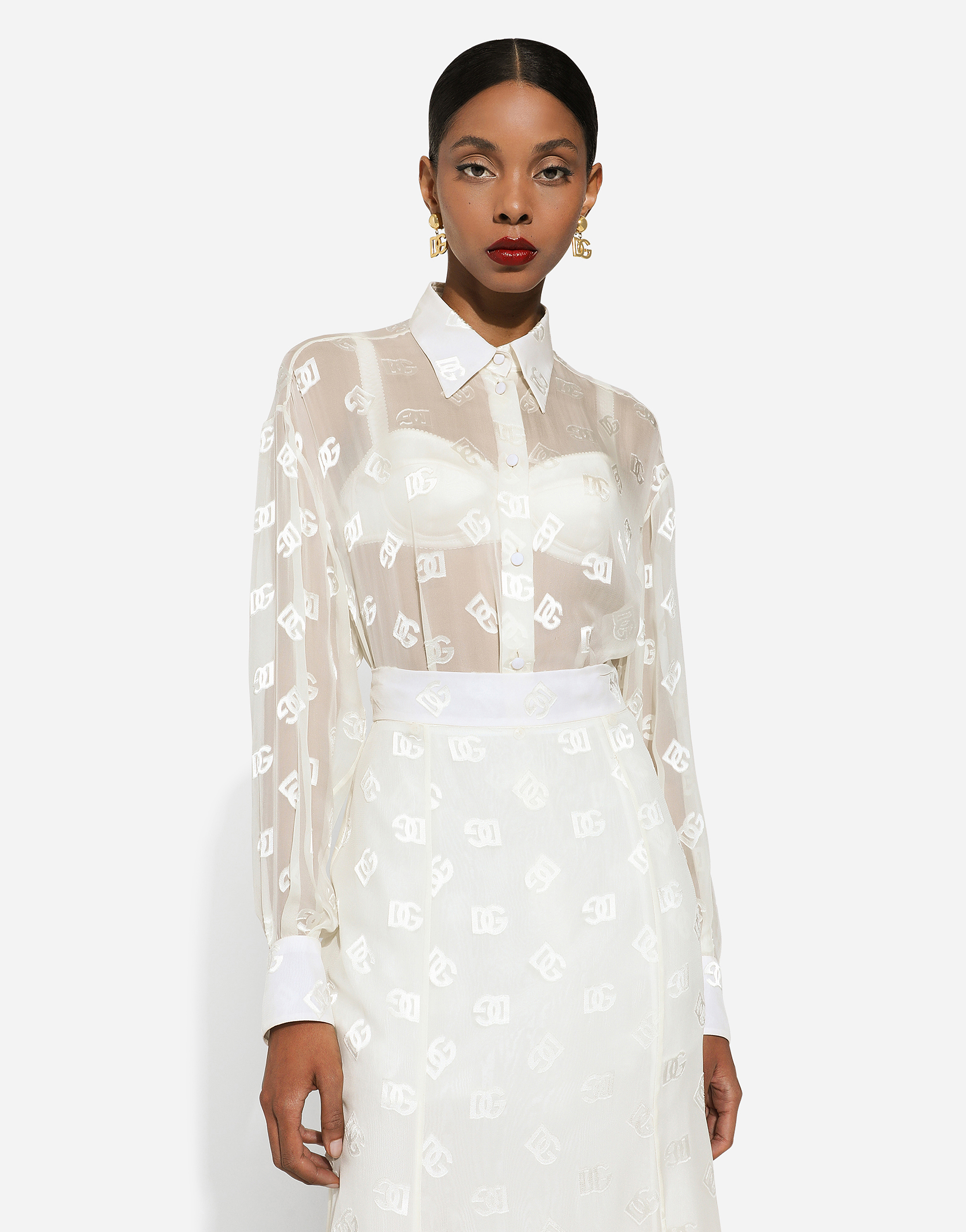 Dolce & Gabbana Devoré Satin Pussy-bow Shirt With All-over Dg Logo In White