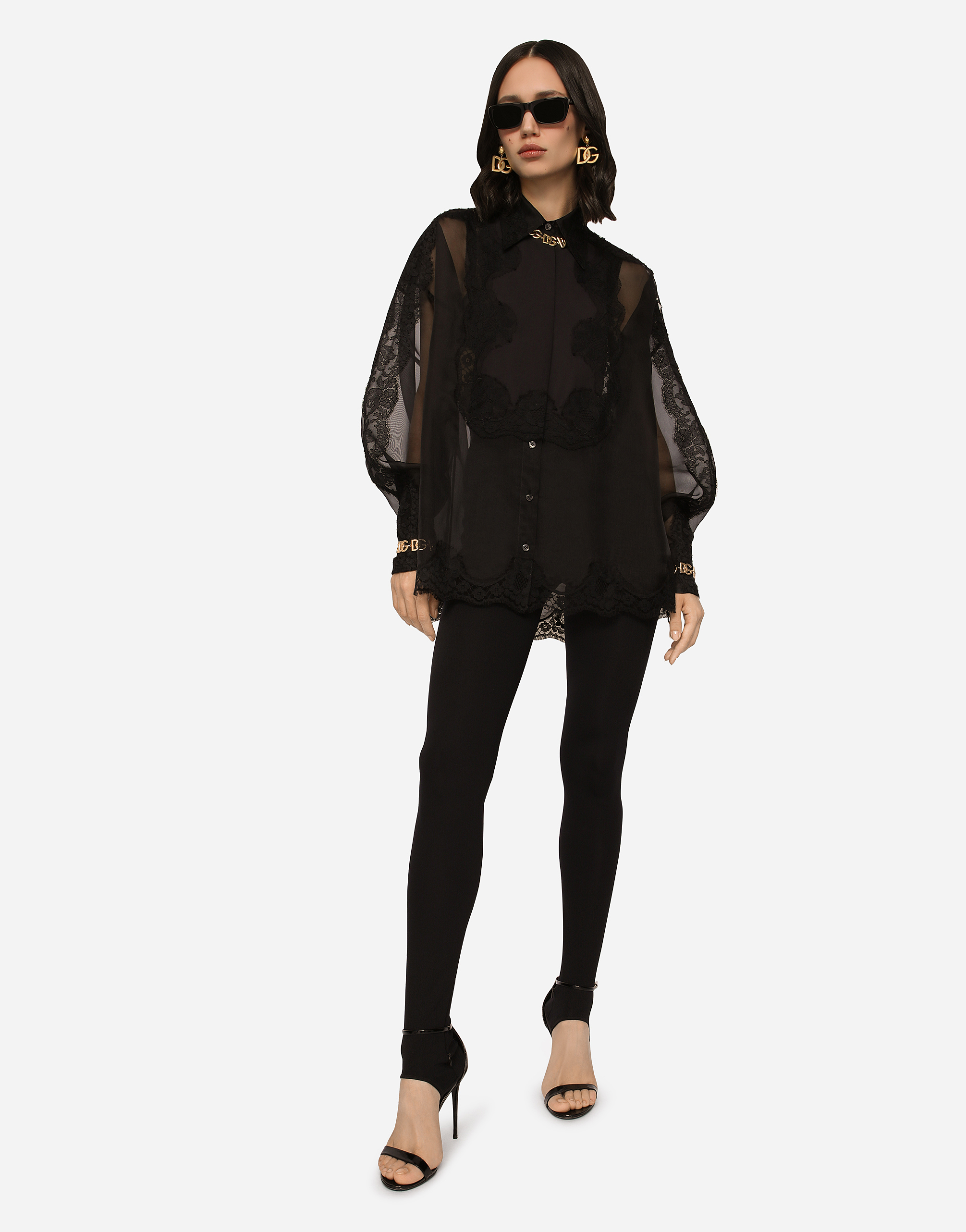 Dolce & Gabbana Organza Tuxedo Shirt With Lace Inserts In Black