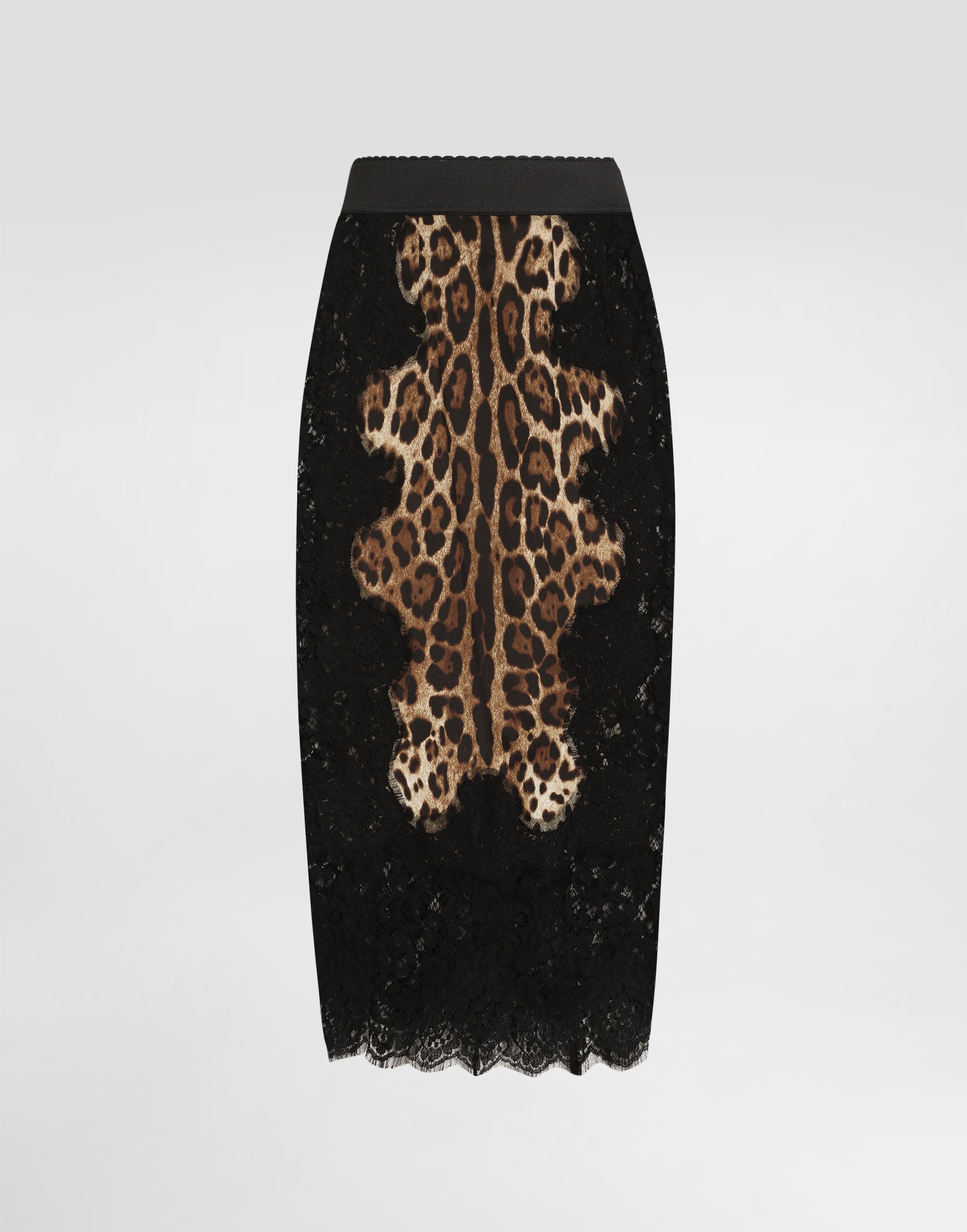Leopard-print satin midi skirt with lace inserts in Multicolor for