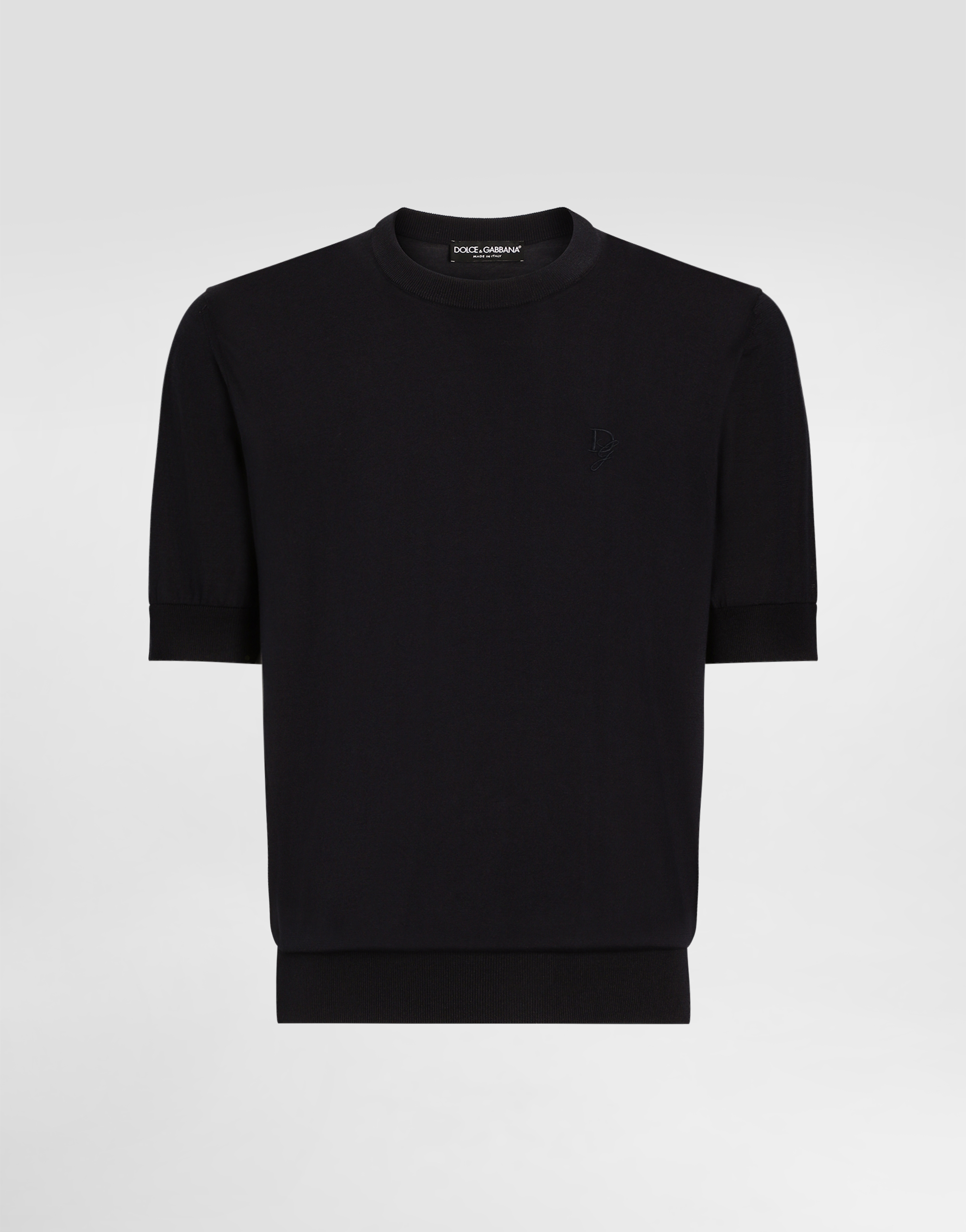 Dolce & Gabbana Silk Round-neck Sweater With Dg Embroidery - Man Sweaters And Cardigans Blue