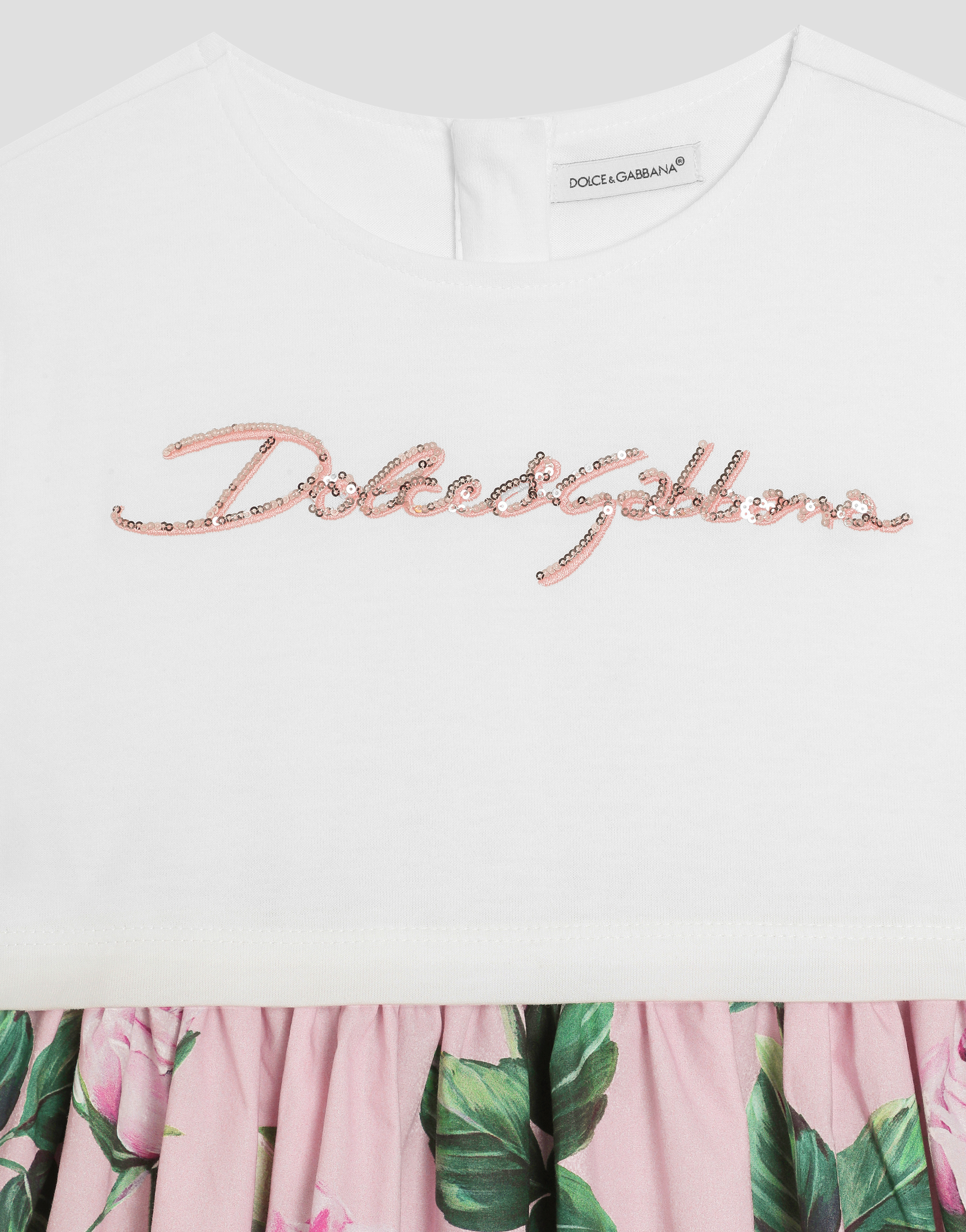 Rose-print poplin and jersey dress