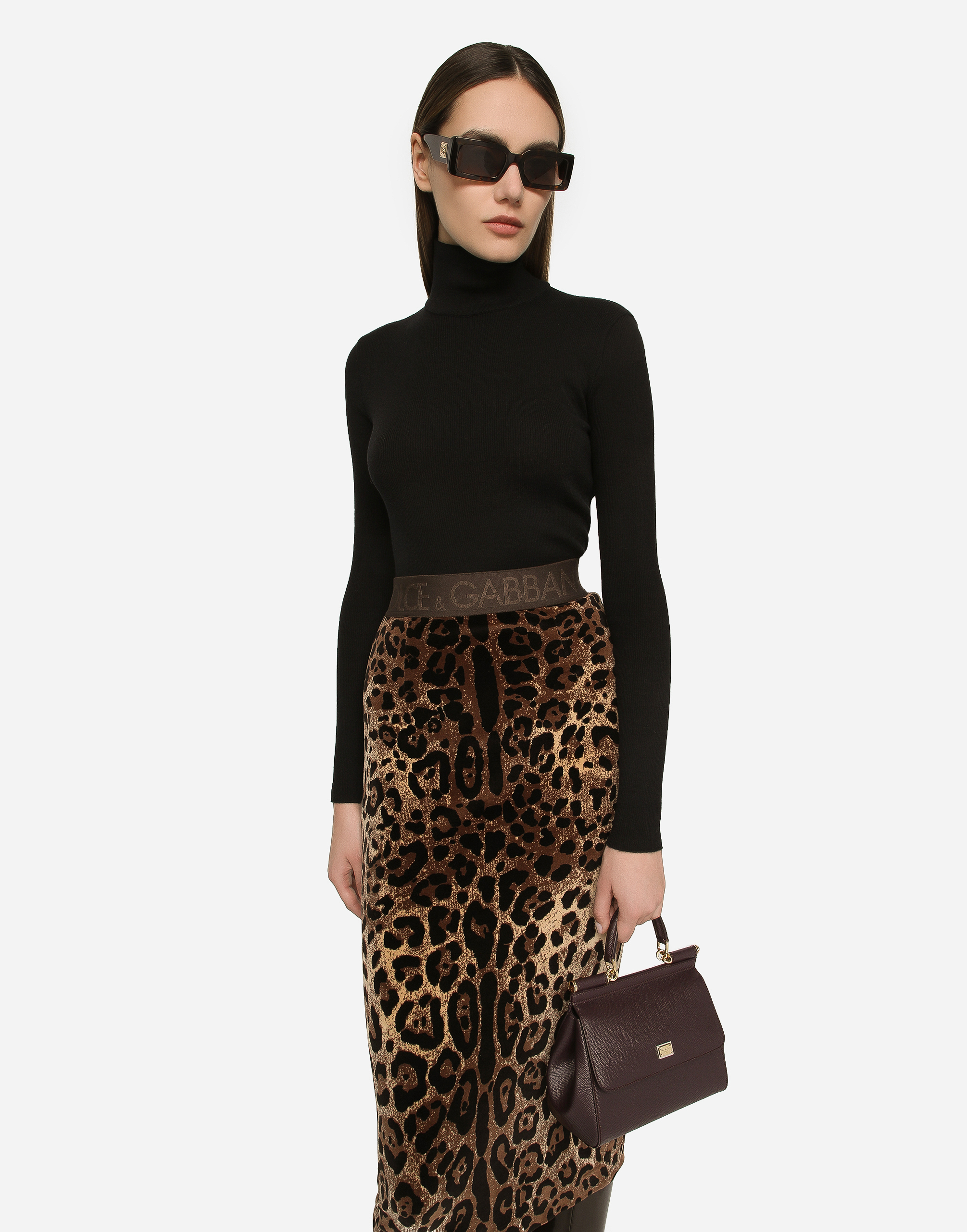 DOLCE & GABBANA CHENILLE CALF-LENGTH SKIRT WITH JACQUARD LEOPARD DESIGN