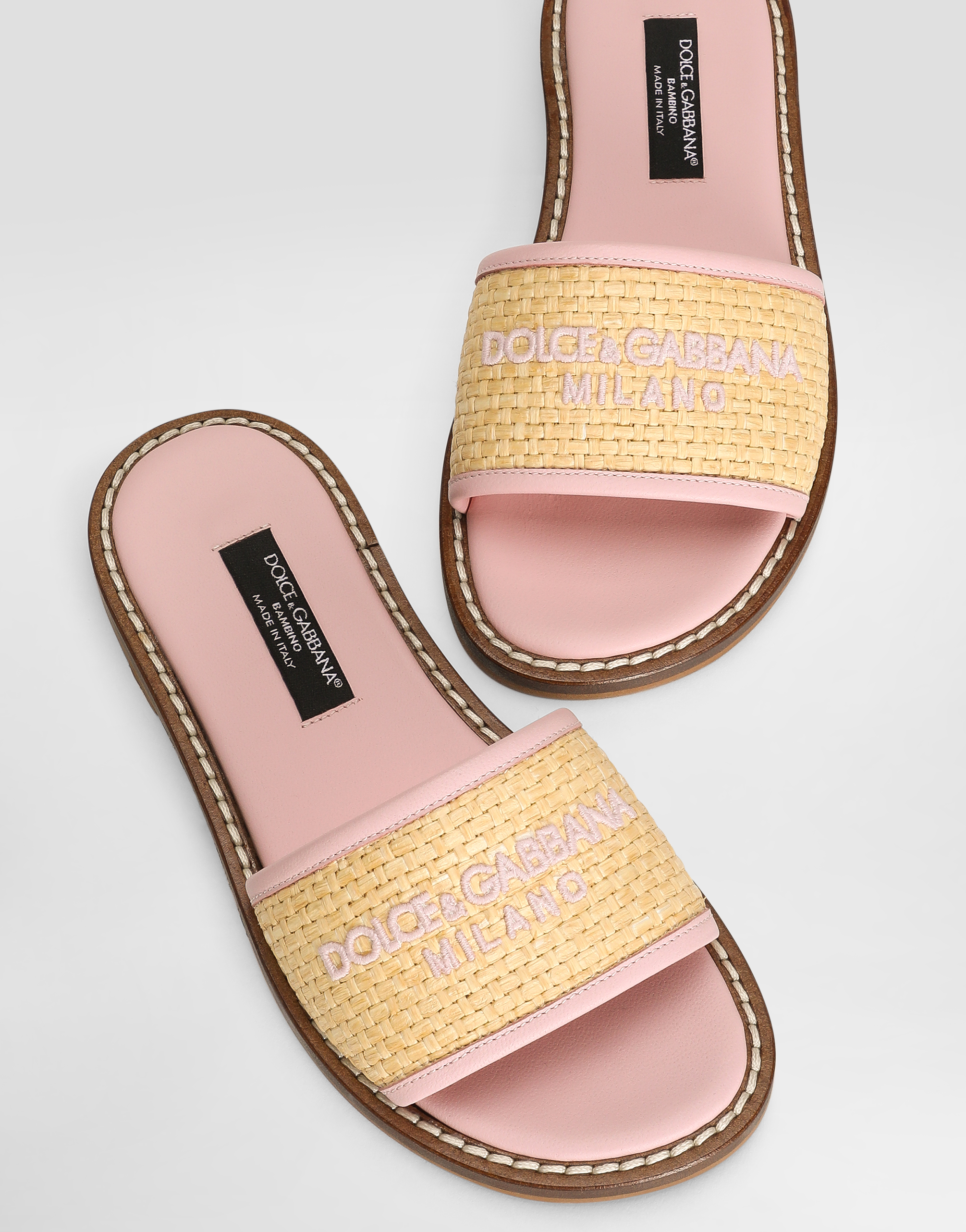 Dolce & Gabbana Flat Straw Sliders With Dolce&gabbana Logo In Rosa