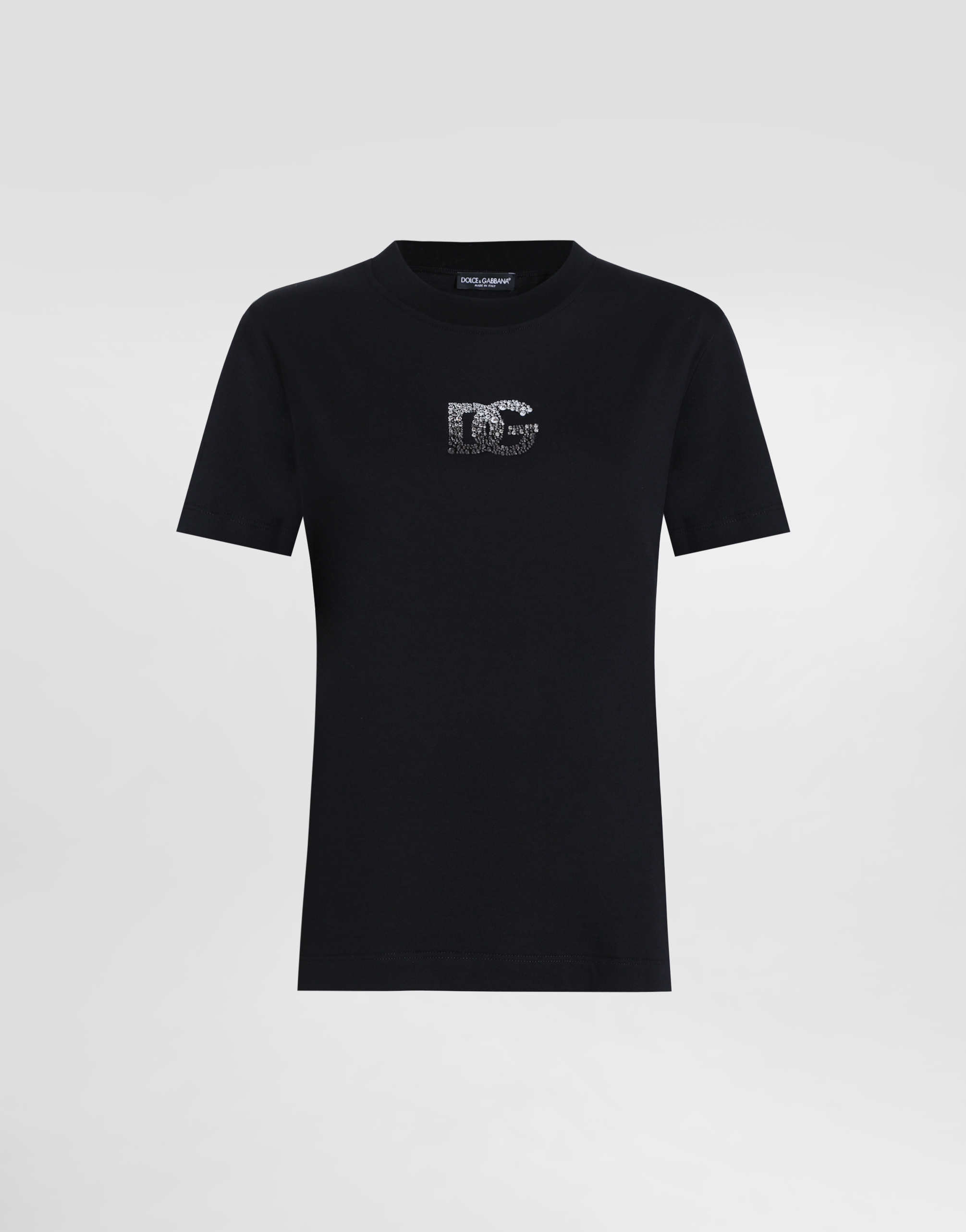 Dolce & Gabbana Jersey T-shirt With Rhinestone Dg Logo Embellishment In Black