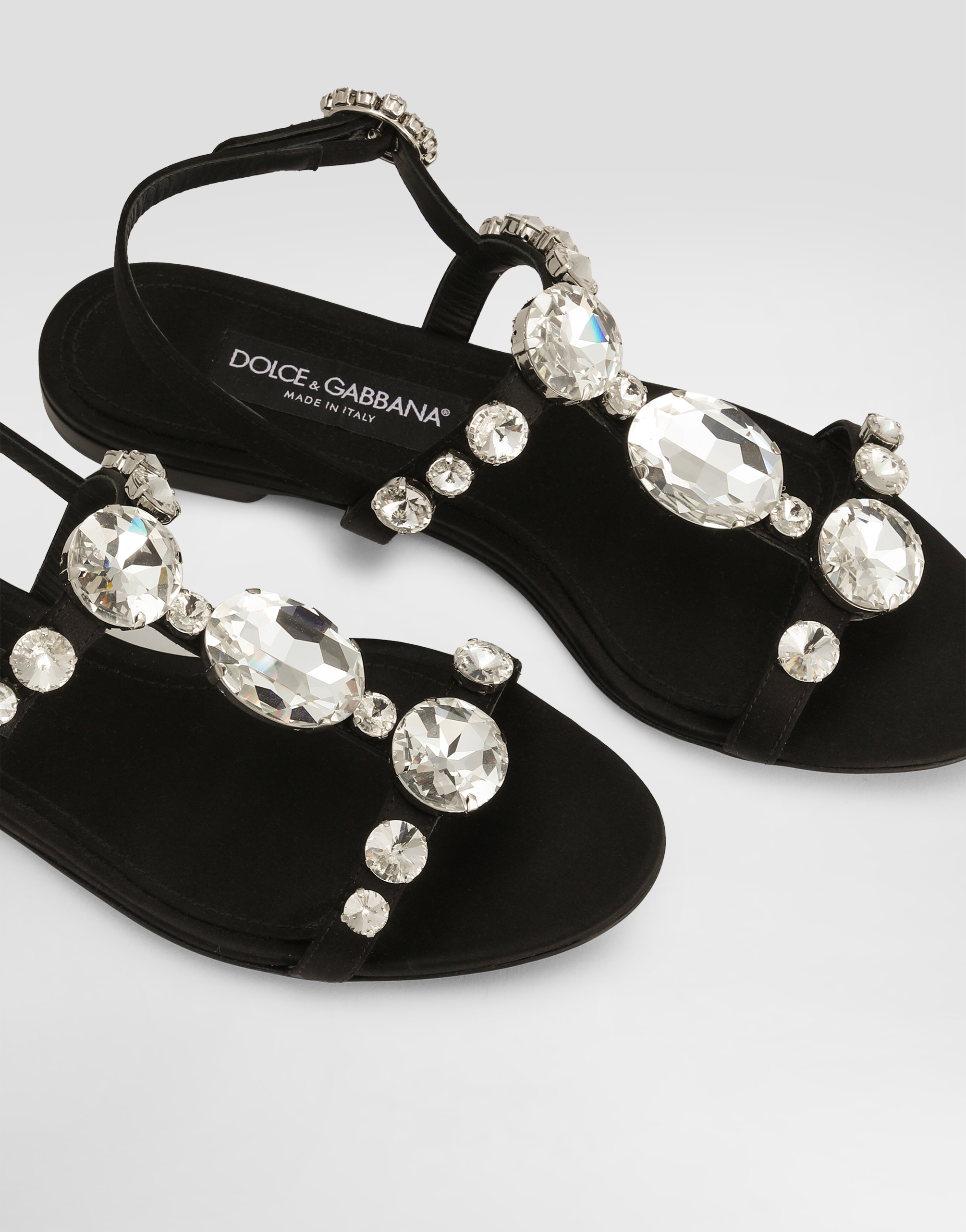 Dolce & Gabbana Black Sandals With Embroidered Stones Decorations In Satin Woman In Black