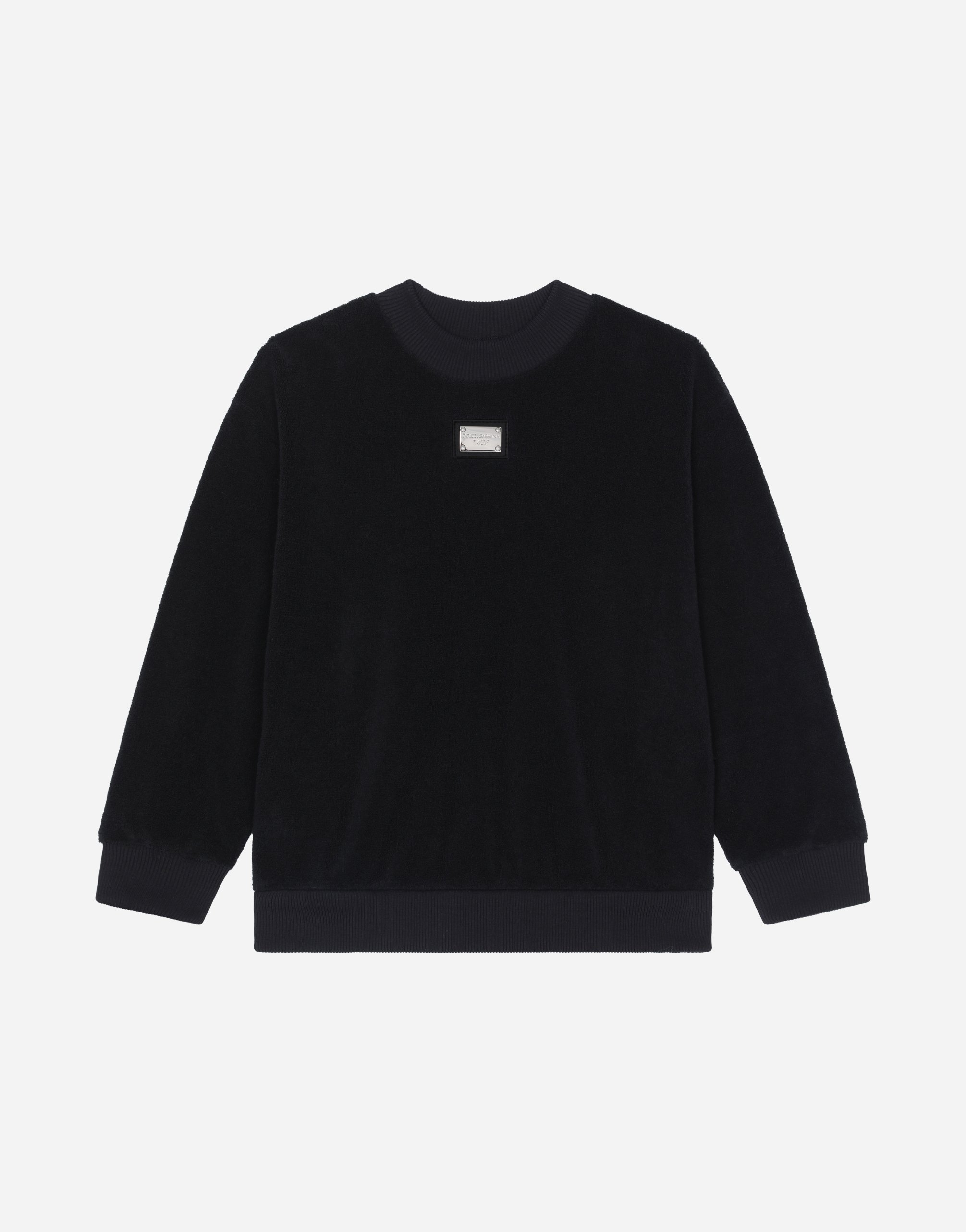 Dolce & Gabbana Kids' Round-neck Terrycloth Sweatshirt With Logo Tag In Black