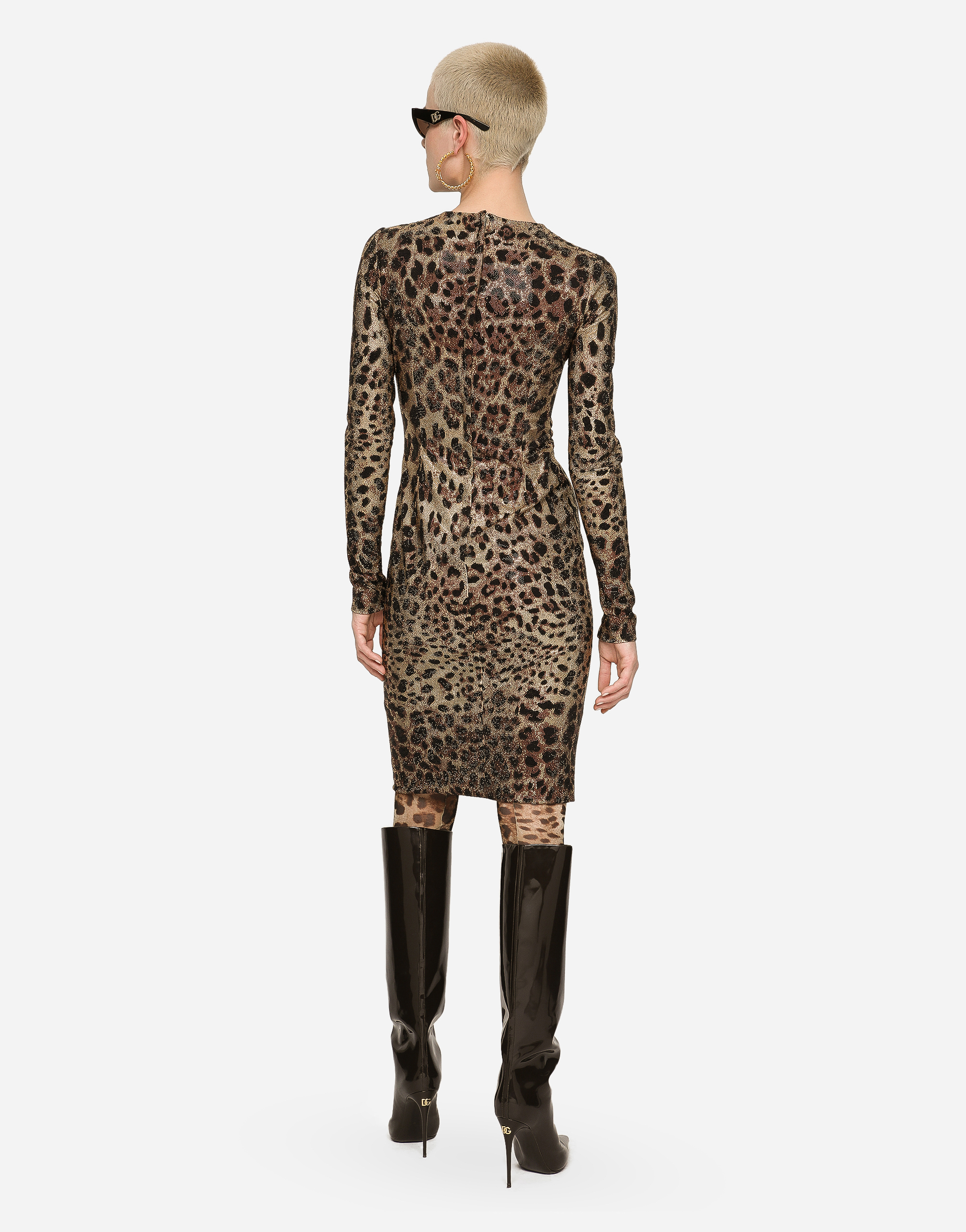 Shop Dolce & Gabbana Leopard-print Jersey Midi Dress With Fusible Rhinestones In Multicolor