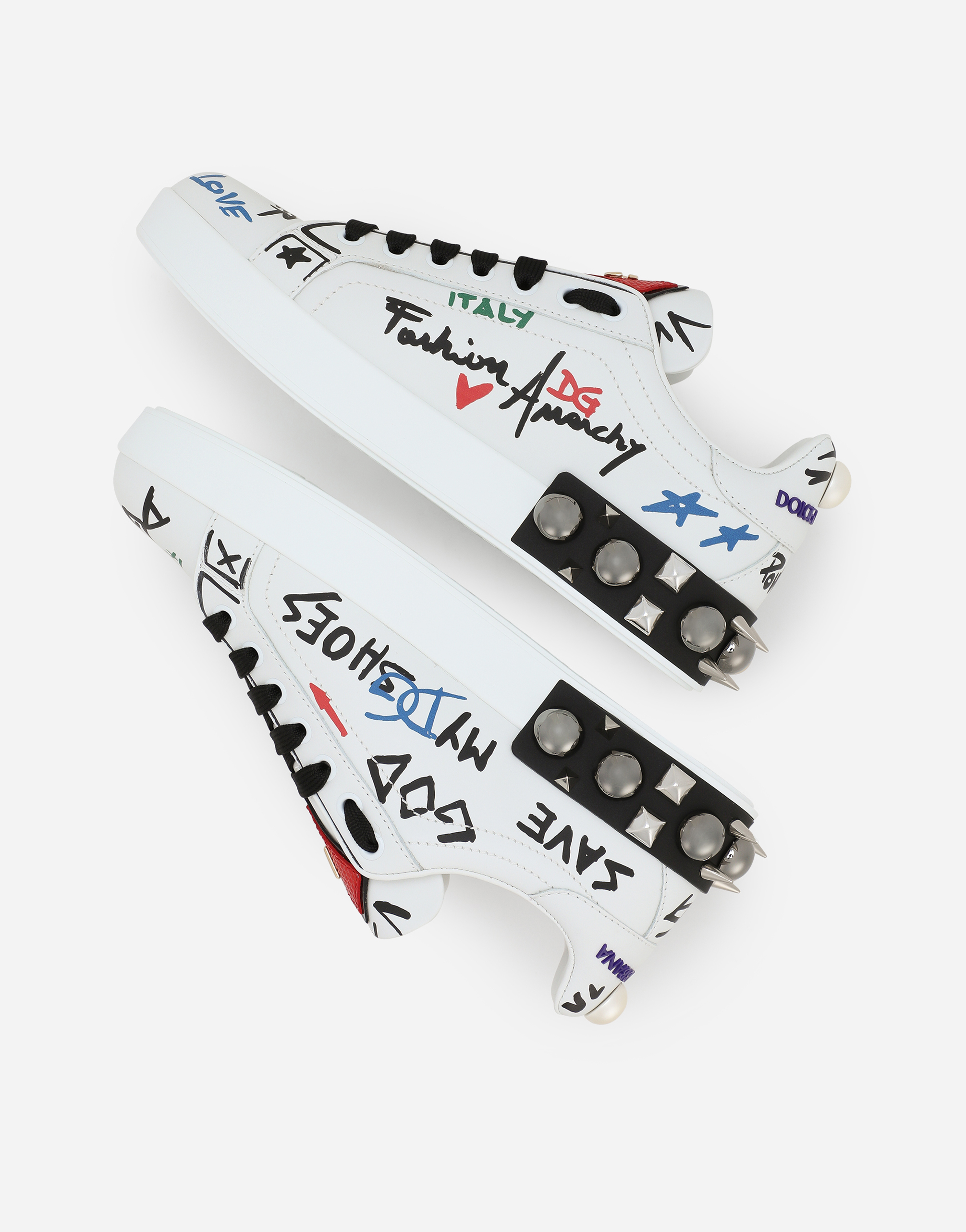 Dolce & Gabbana Printed Calfskin Portofino Sneakers With Patch In Multicolor