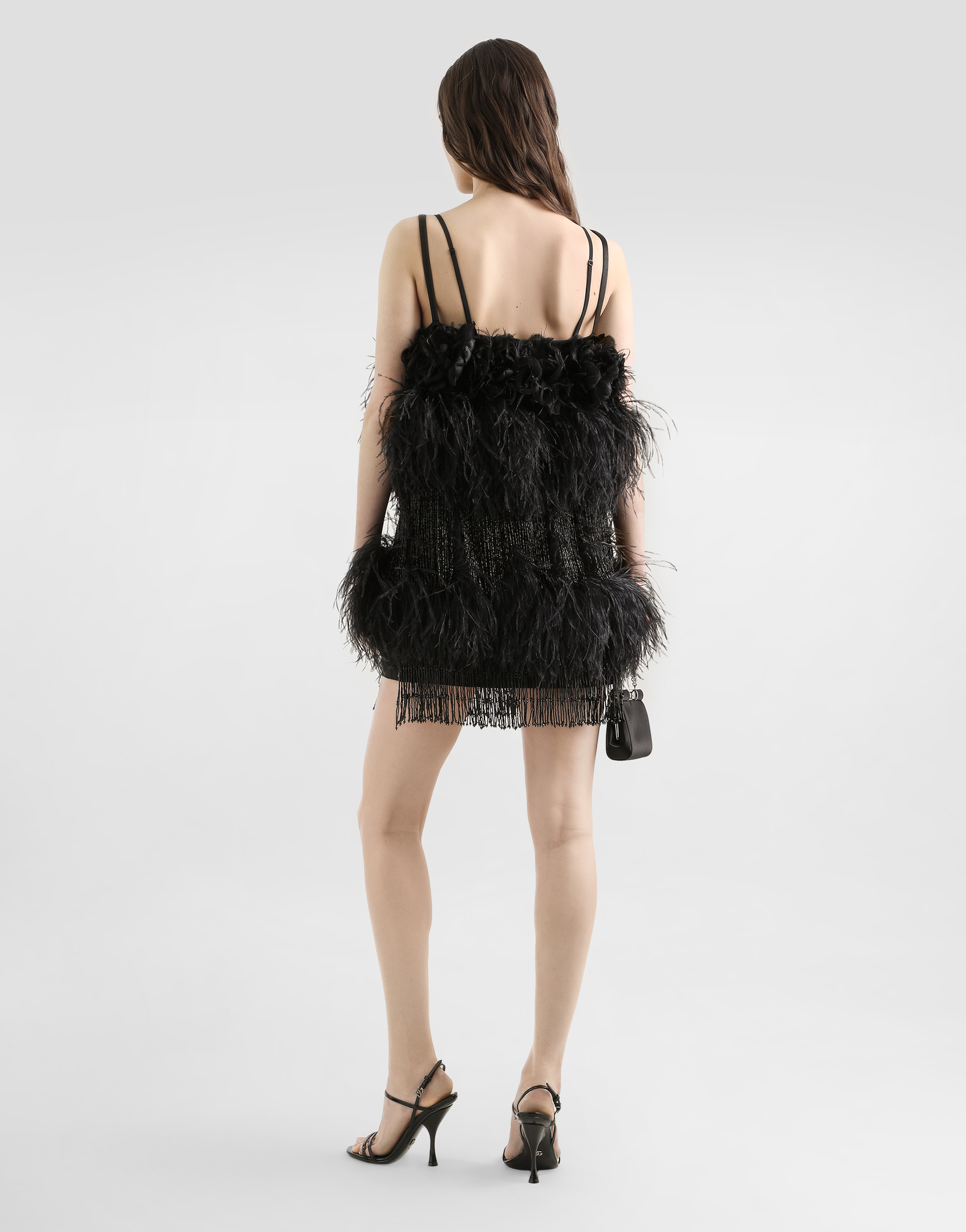 Dolce & Gabbana Satin Dress With Feathers In Black