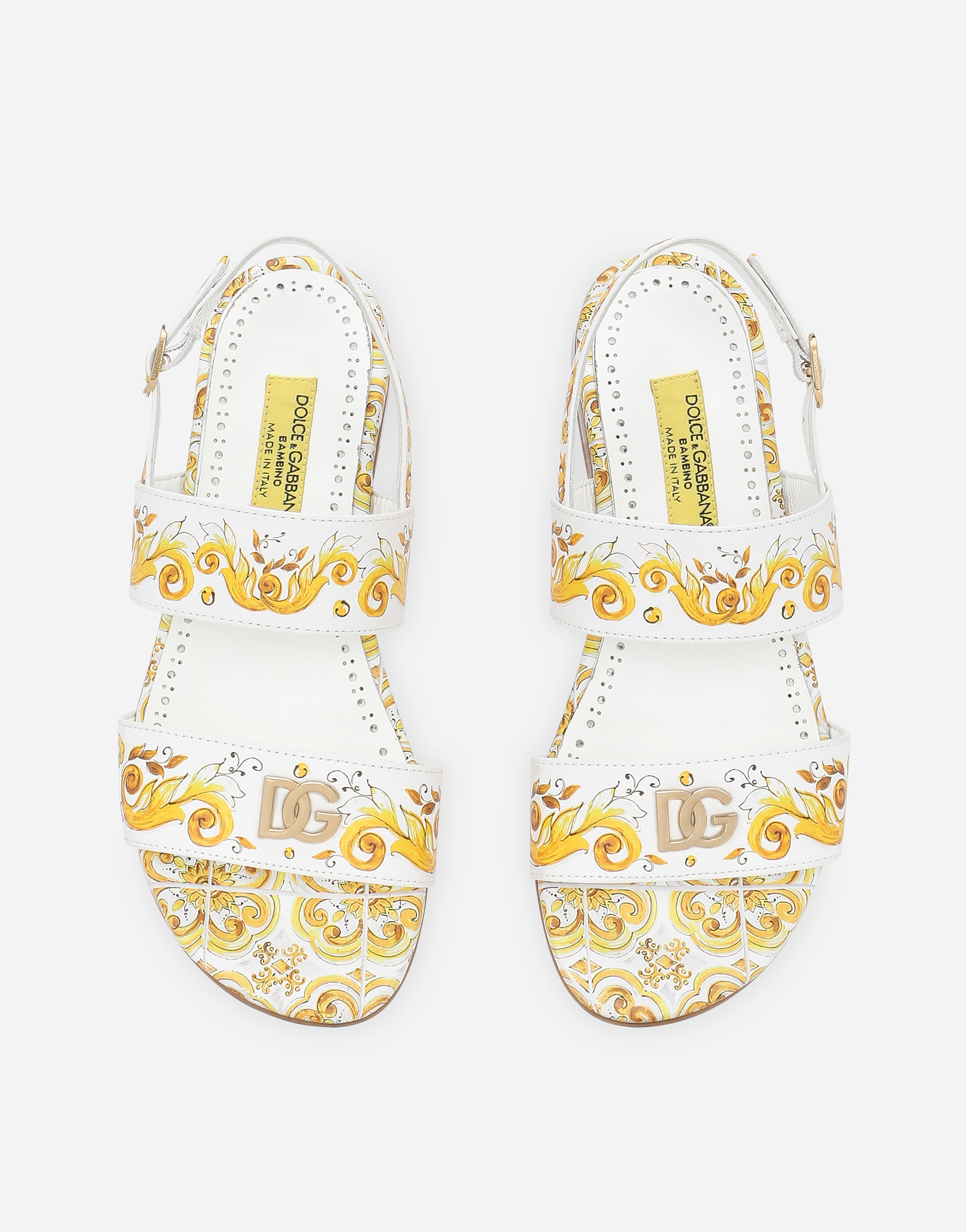 Dolce & Gabbana Calfskin Sandals With Yellow Majolica Print In Gold