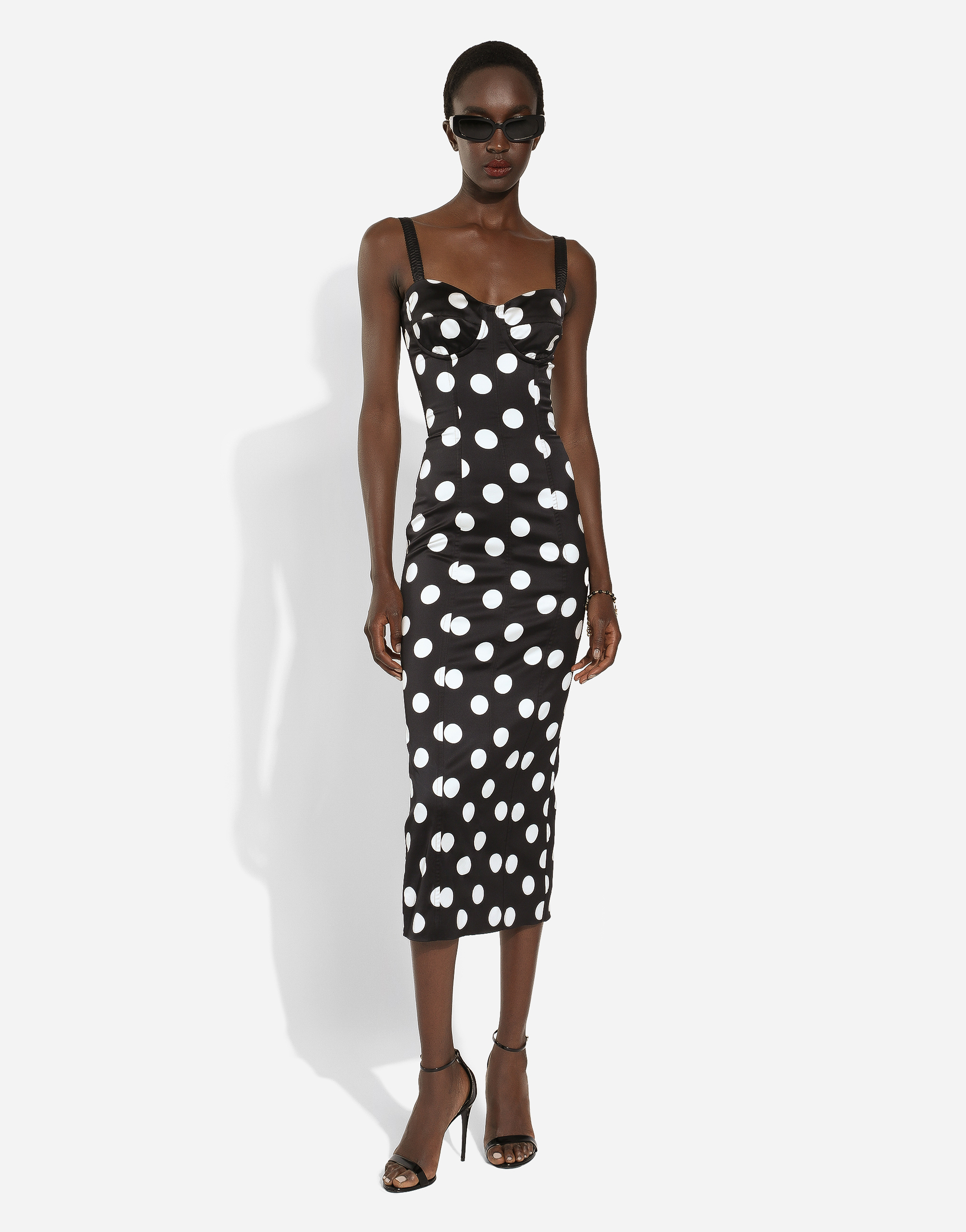 Shop Dolce & Gabbana Satin Midi Dress With Polka-dot Print And Corset Details