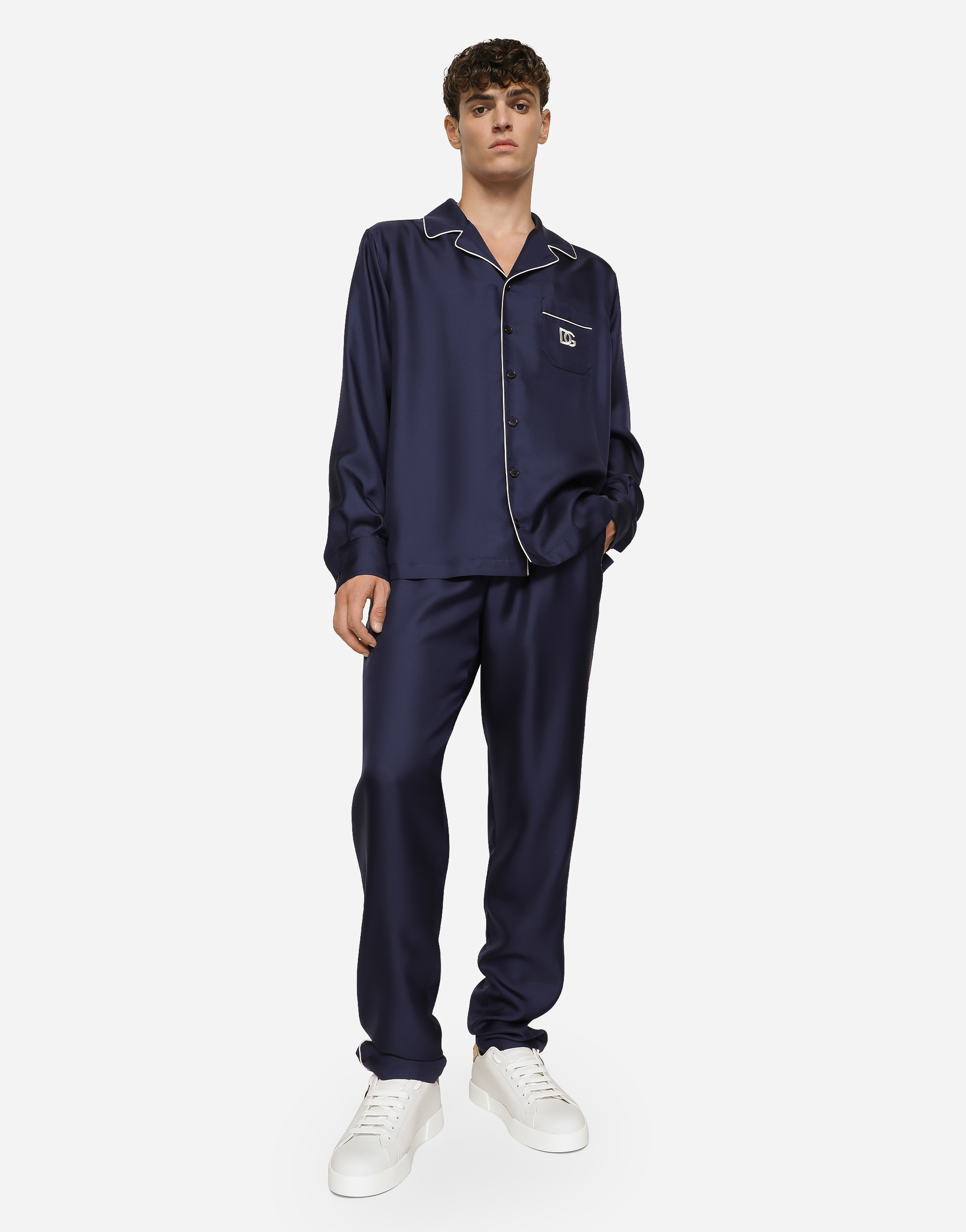 Shop Dolce & Gabbana Silk Jogging Pants With Dg Embroidered Patch In Blue