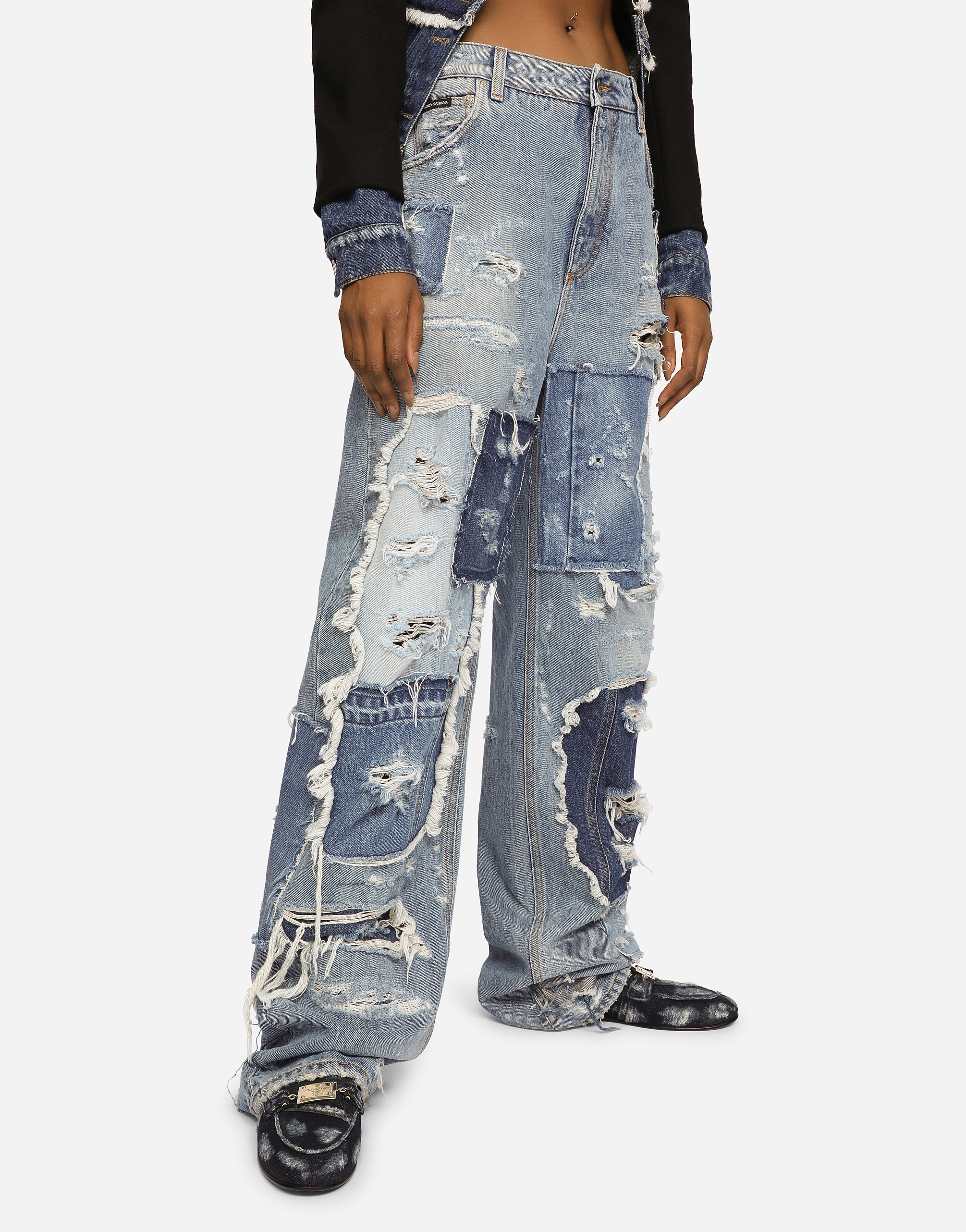 DOLCE & GABBANA PATCHWORK DENIM JEANS WITH RIPPED DETAILS