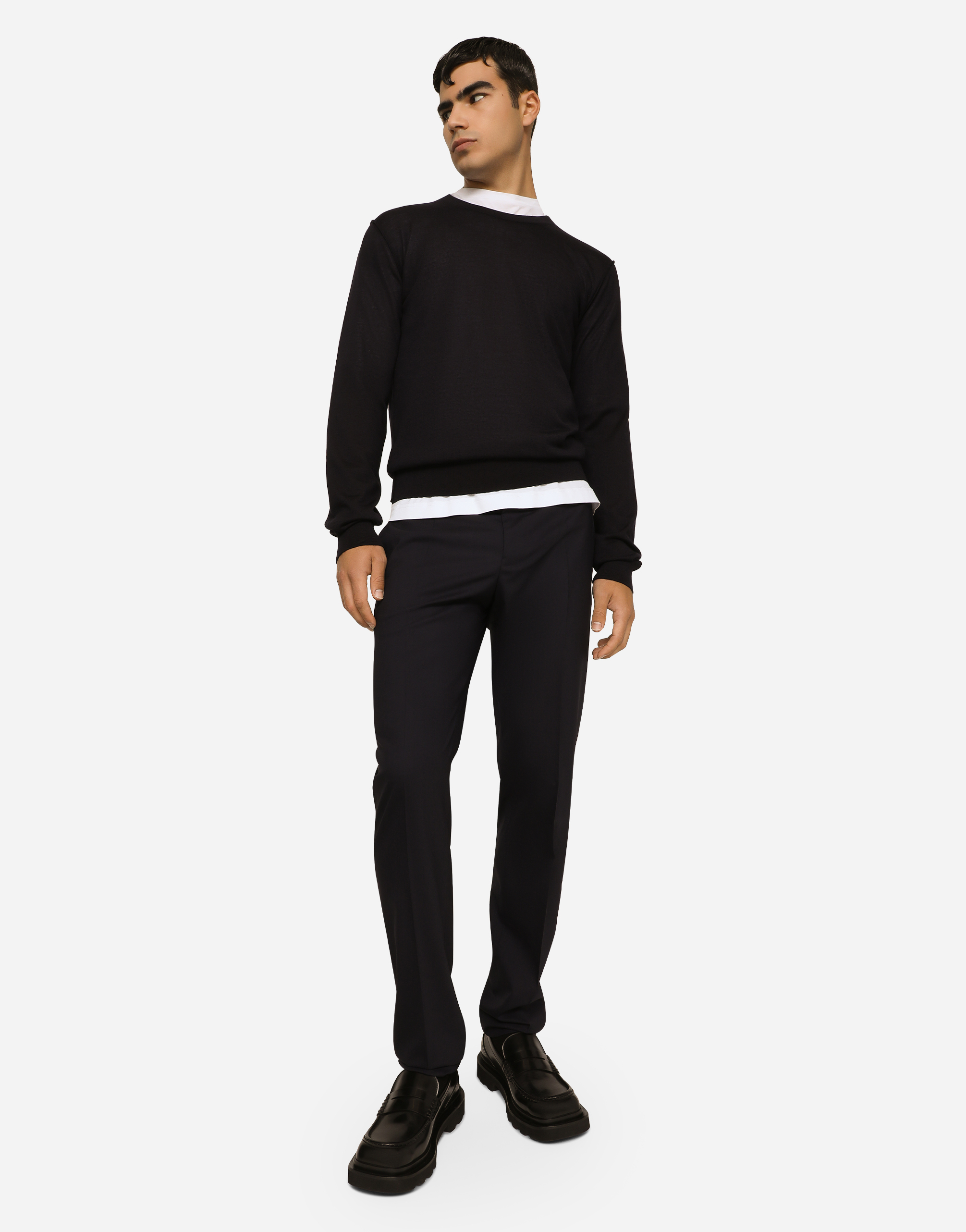 Dolce & Gabbana Men Black Sweater With Tonal Signature Logo In Silk Man In ブルー