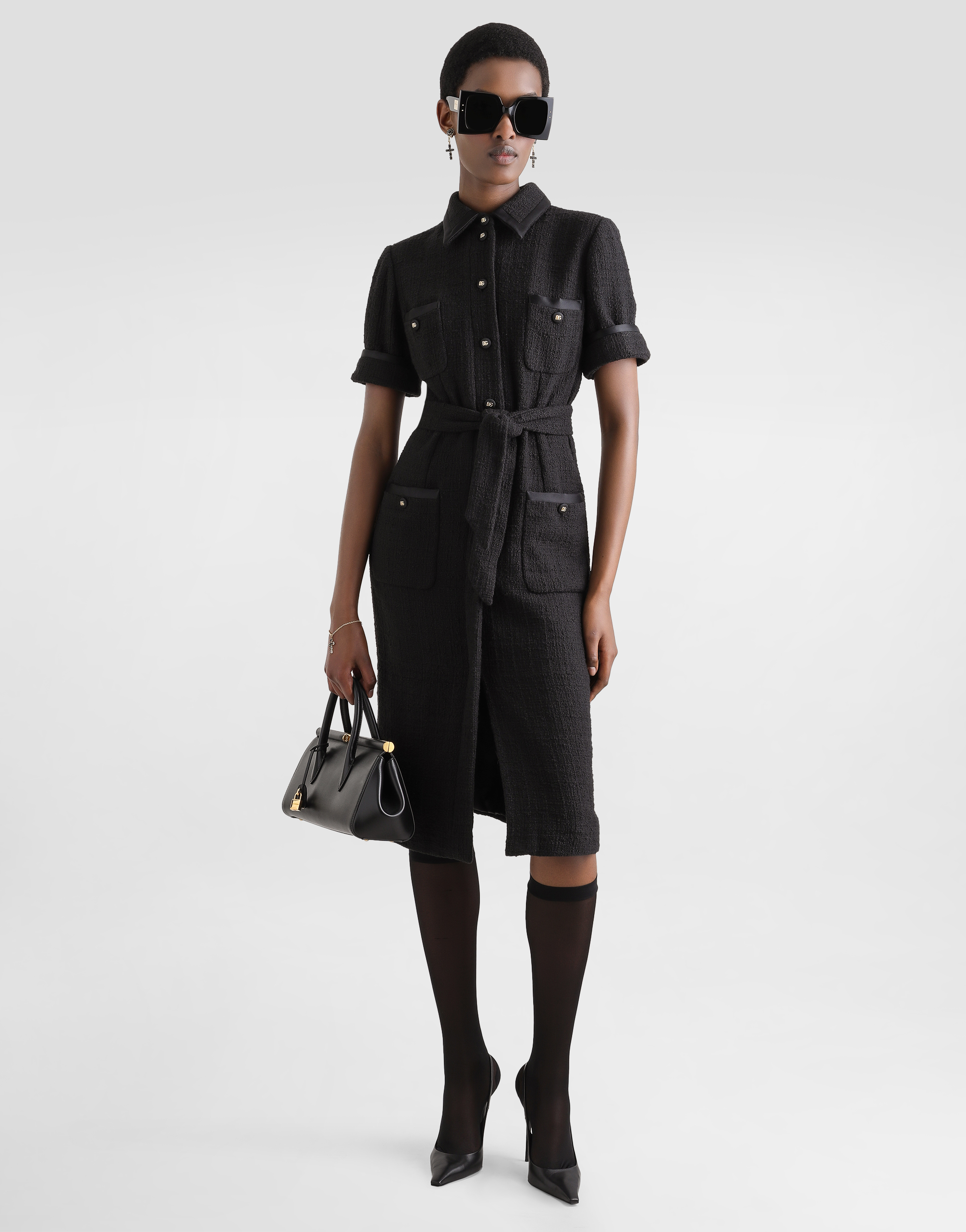 Dolce & Gabbana Calf-length Raschel Tweed Dress In Black