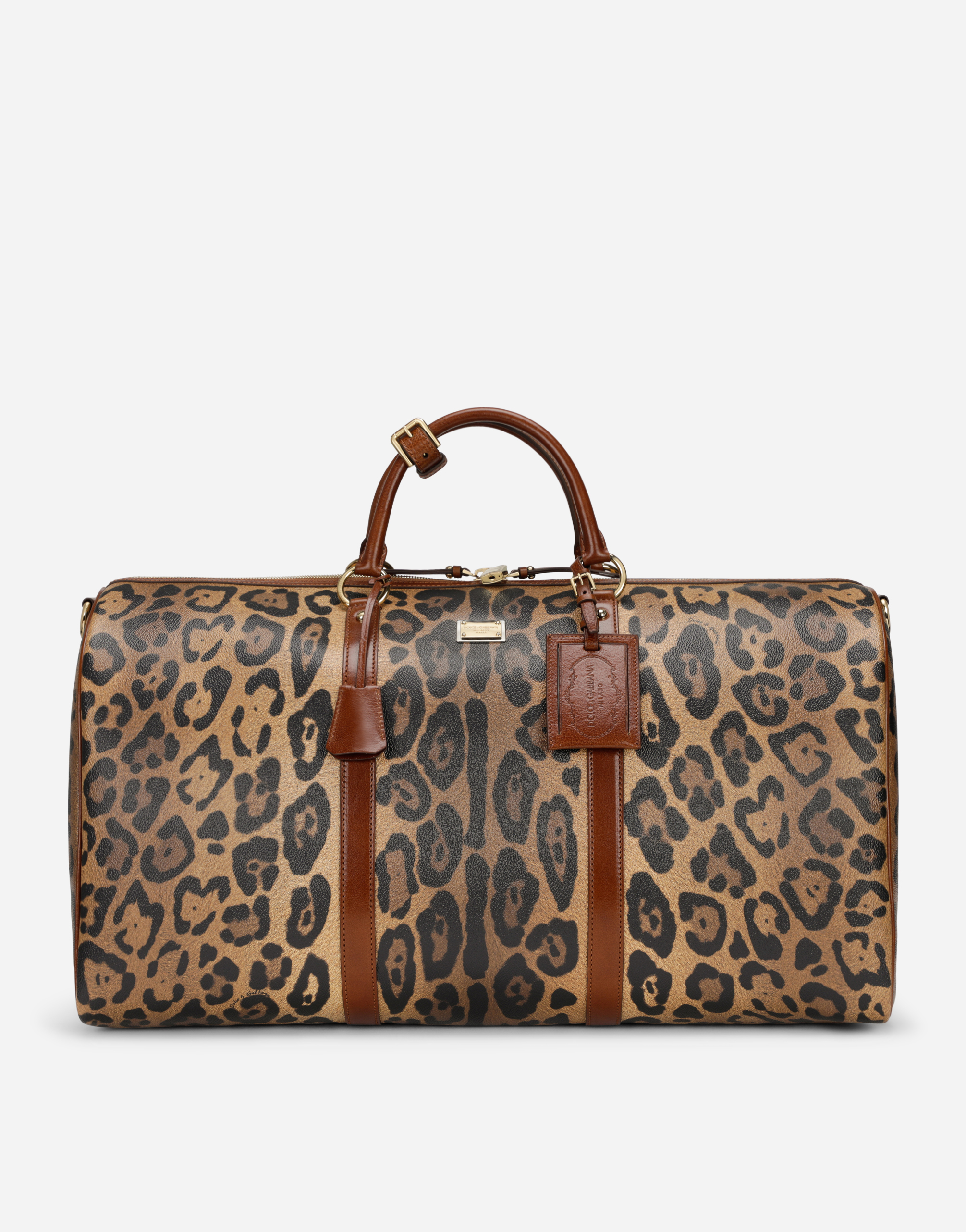 Dolce & Gabbana Medium Travel Bag In Leopard-print Crespo With Branded Plate In Multicolor