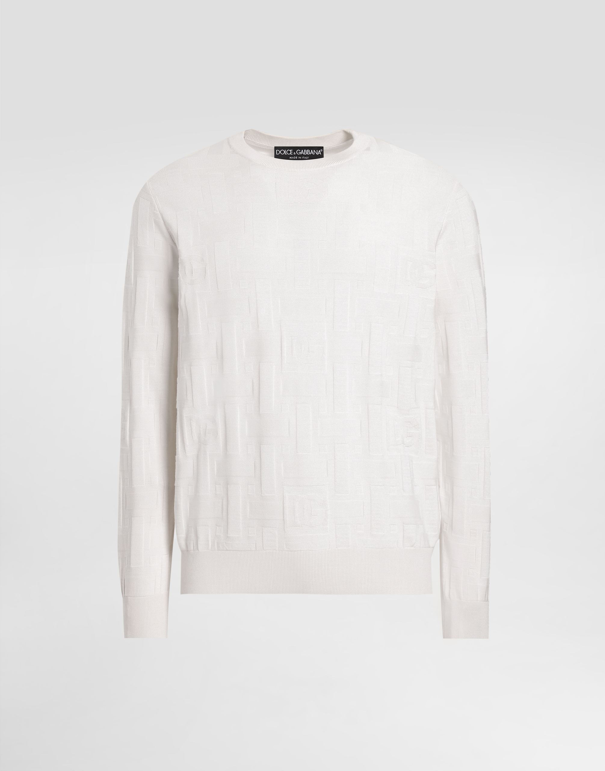 Dolce & Gabbana Silk Round-neck Sweater With All-over Dg Logo Embroidery - Man Sweaters And Cardigans White