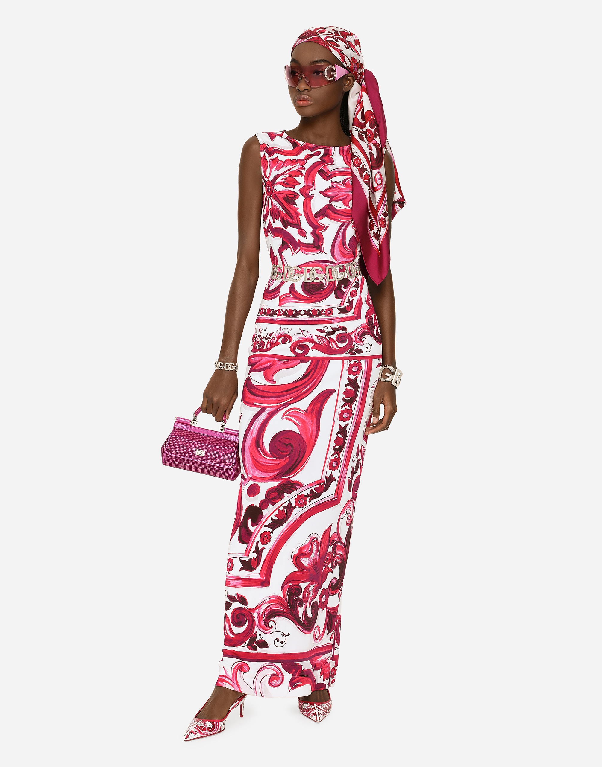 DOLCE & GABBANA LONG MAJOLICA-PRINT ORGANZINE DRESS