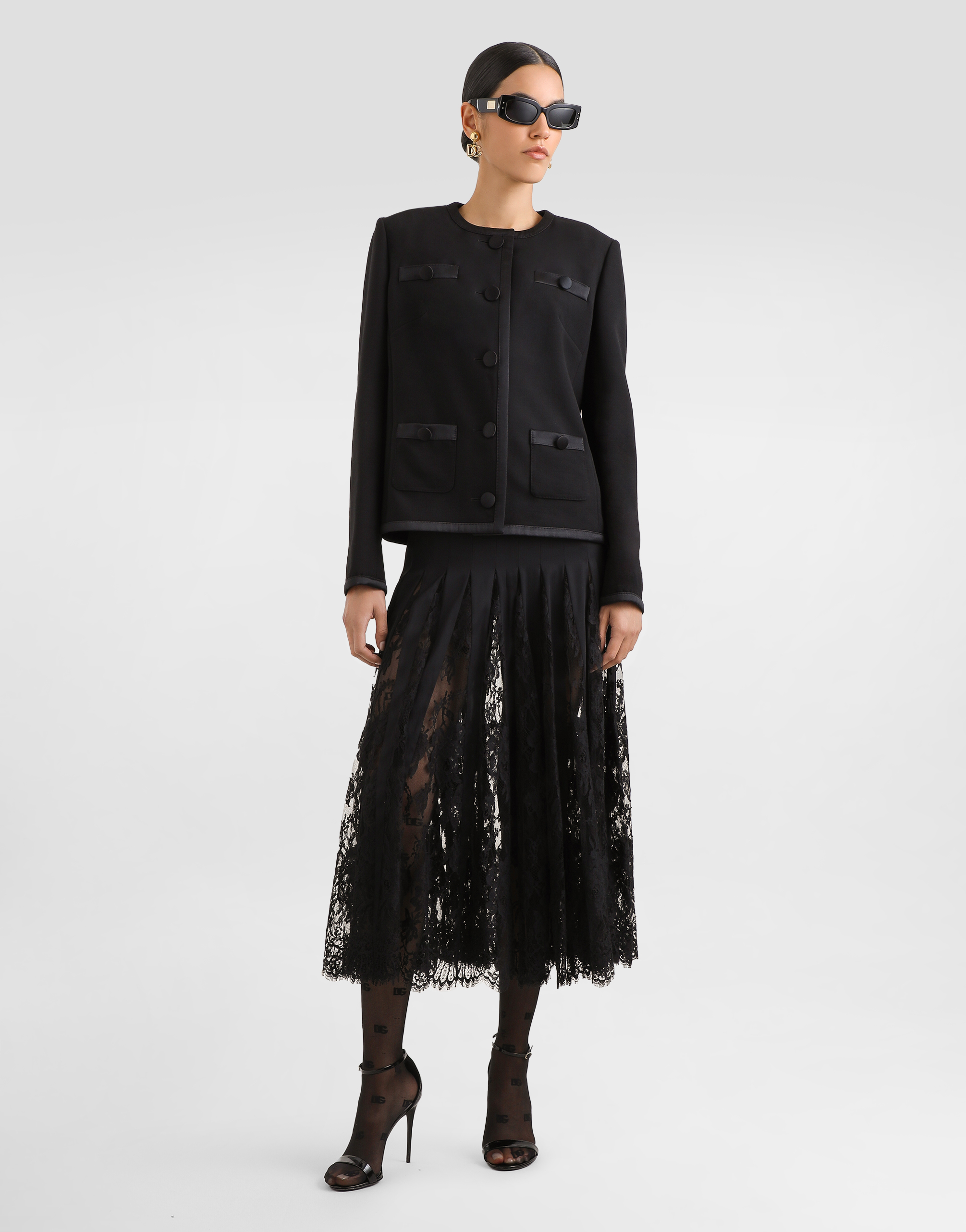 Dolce & Gabbana Longuette-rock Aus Charmeuse Mit Einsätzen Aus Chantilly-spitze - Frau Röcke Schwarz Seide 36 