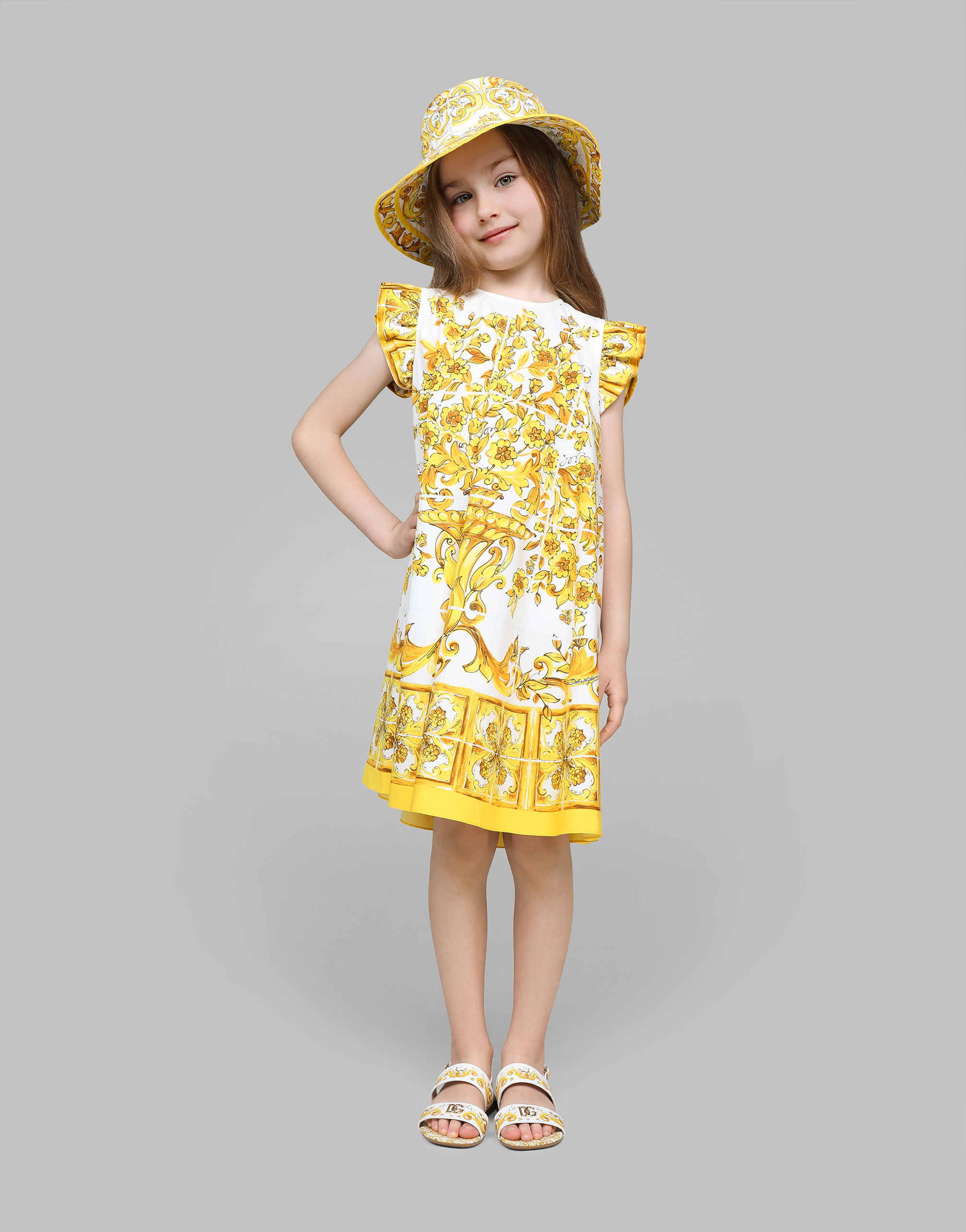 Dolce & Gabbana Poplin Bucket Hat With Yellow Majolica Print In Print