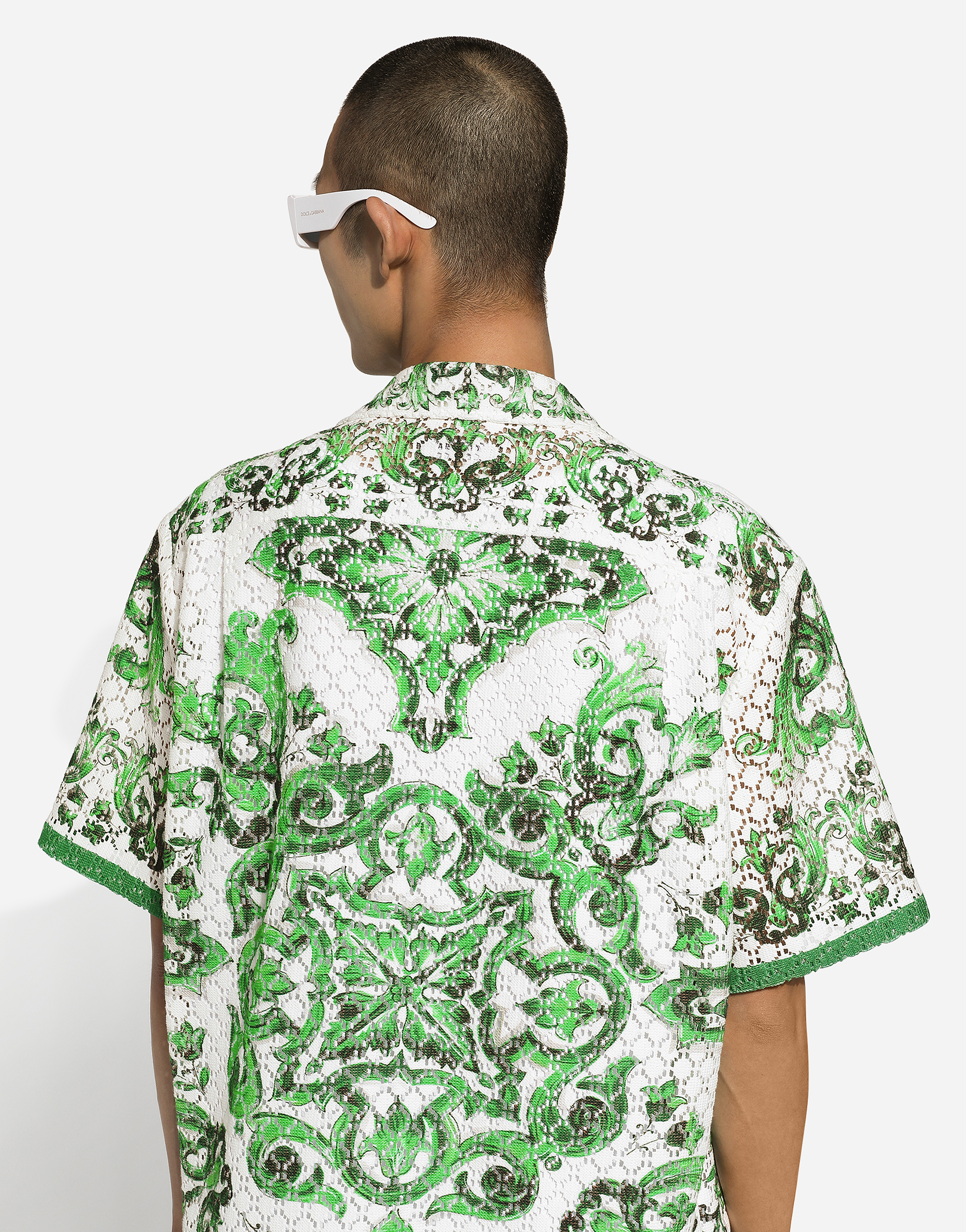 Majolica-print crochet Hawaiian shirt