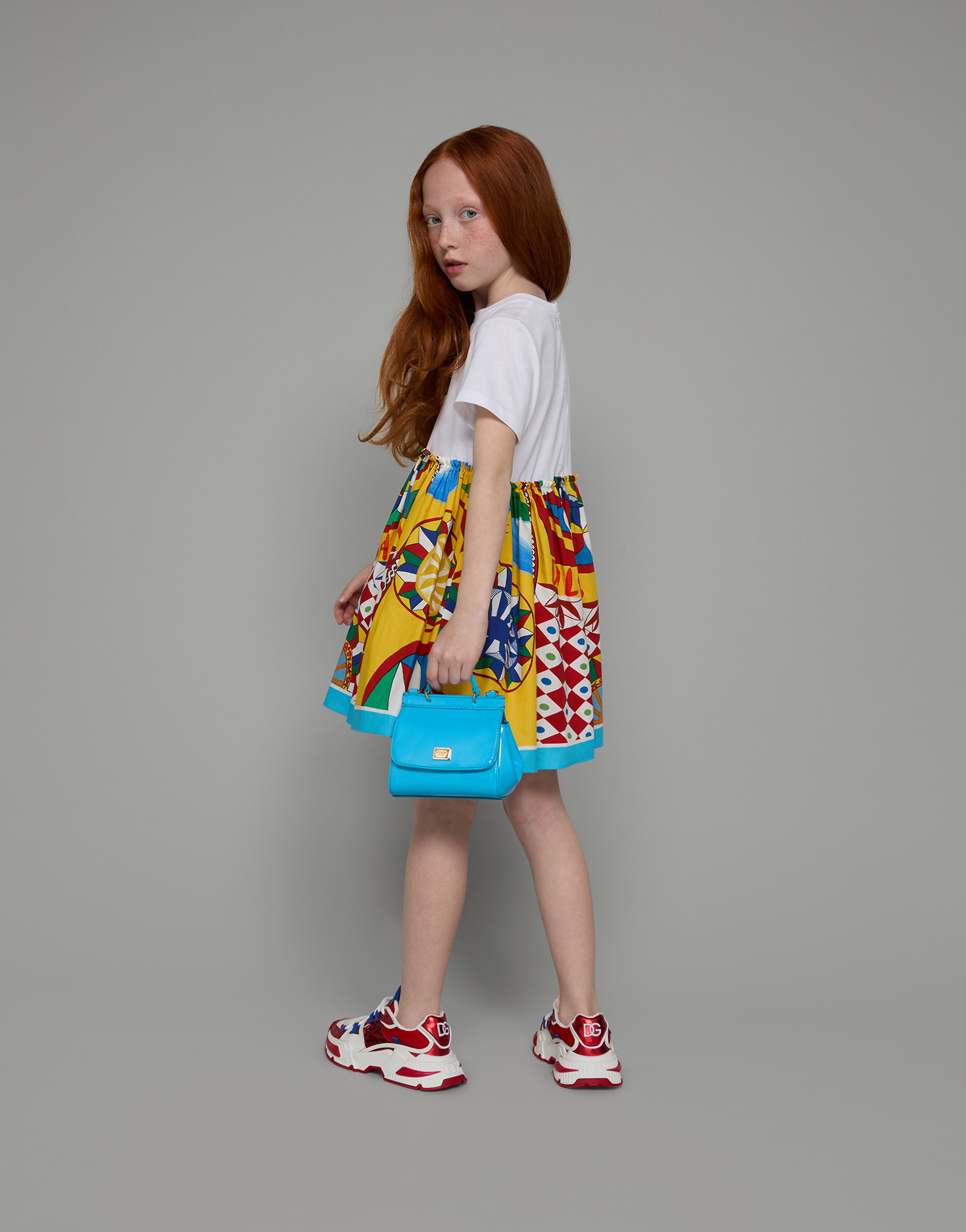 DOLCE & GABBANA CARRETTO-PRINT POPLIN AND JERSEY DRESS