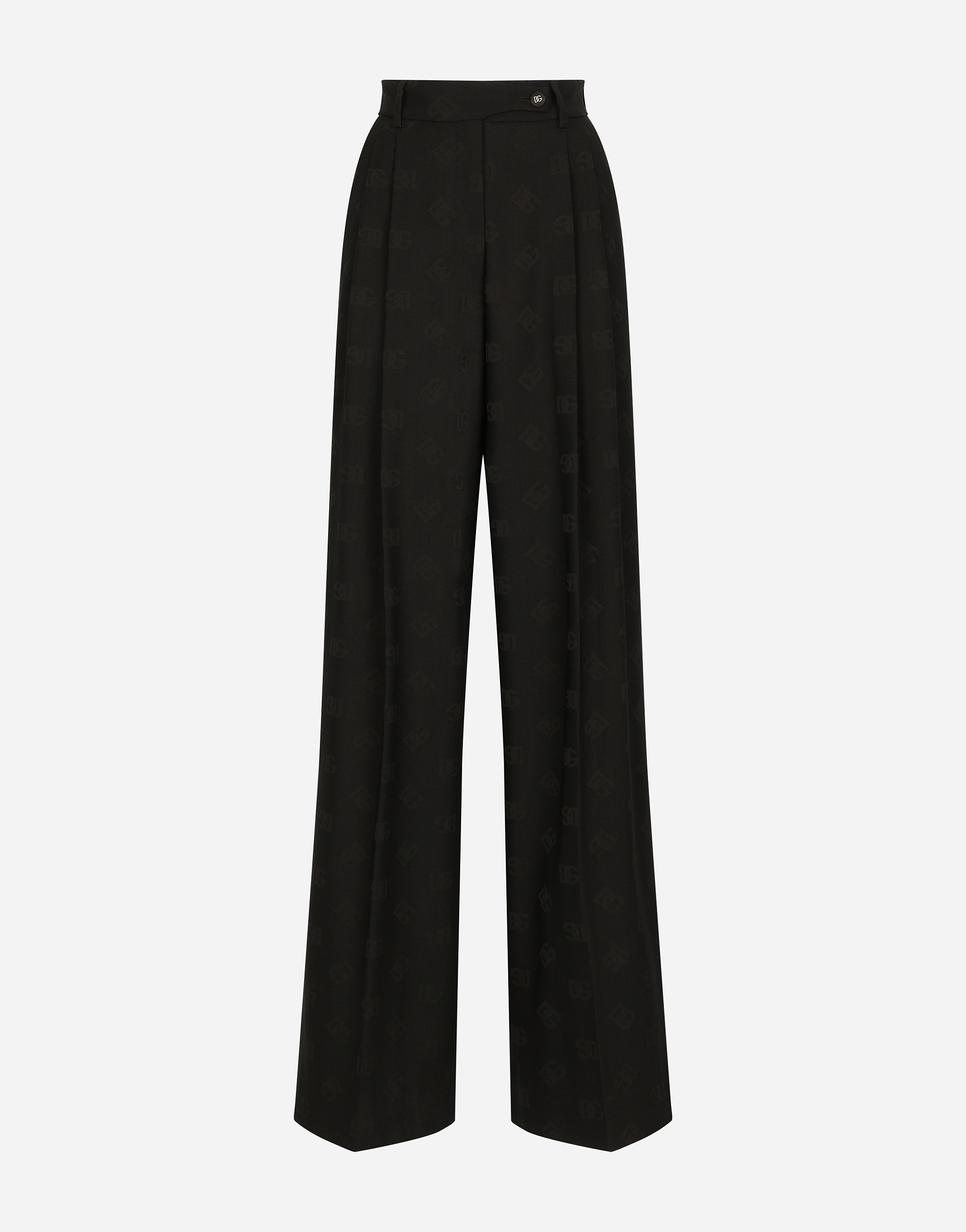 Dolce & Gabbana Flared Wool Jacquard Trousers With Dg Logo In Black