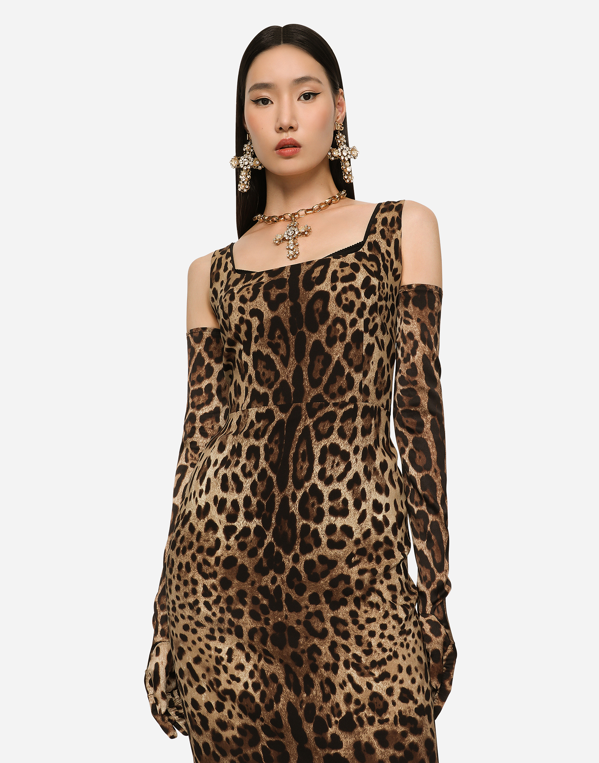 Shop Dolce & Gabbana Leopard-print Charmeuse Midi Dress In Multicolor