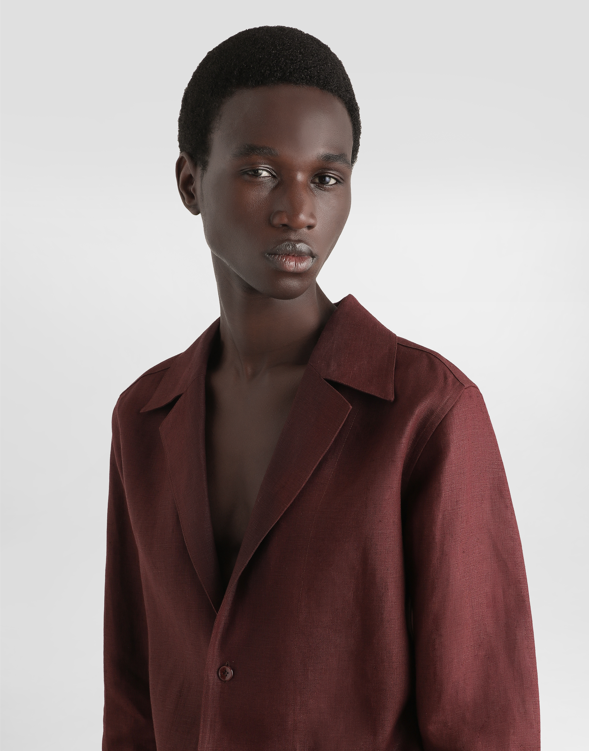 Dolce & Gabbana Long-sleeved V-neck Shirt In Linen Fabric In Multicolor