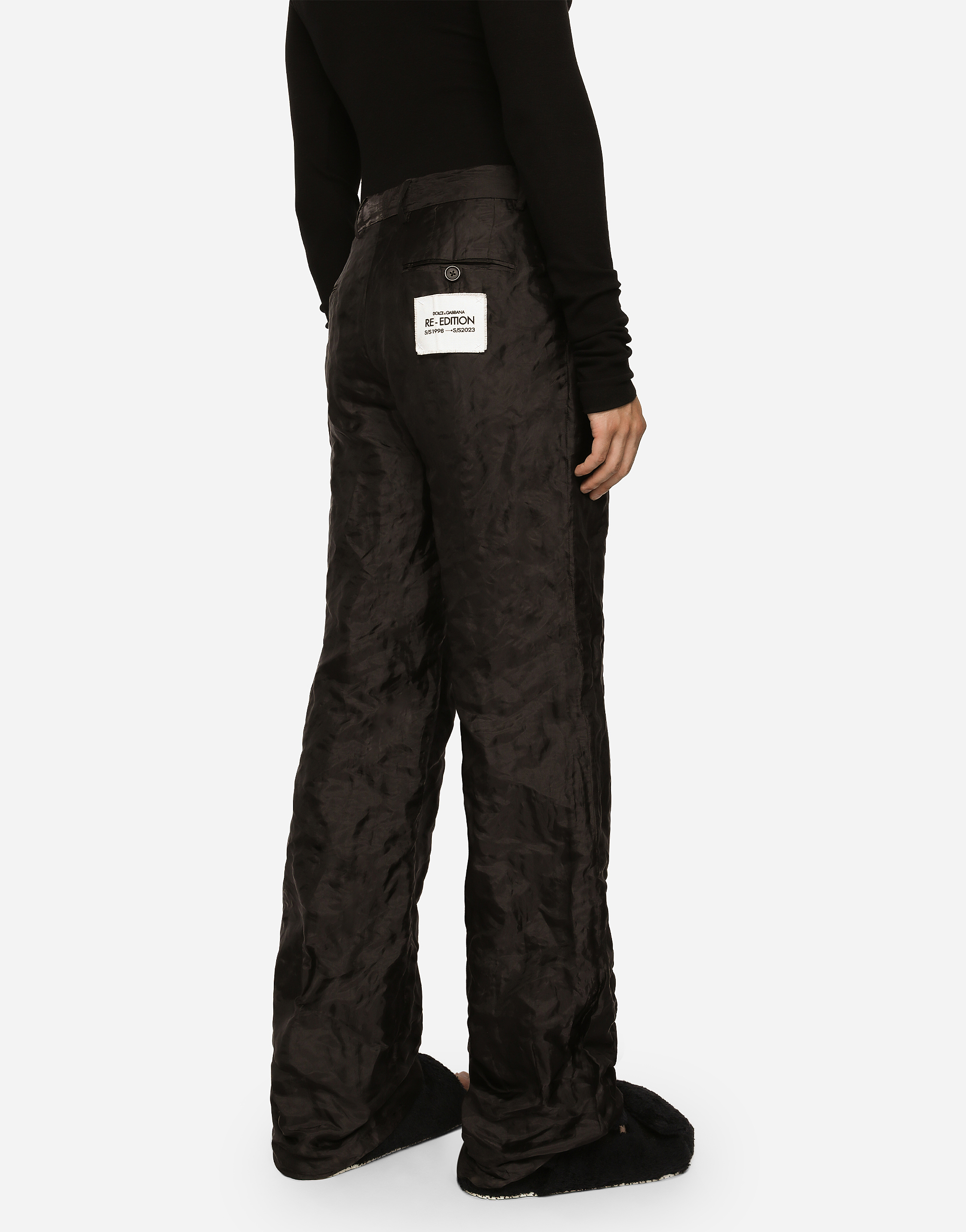 DOLCE & GABBANA TAILORED STRAIGHT-LEG PANTS IN METALLIC TECHNICAL FABRIC AND SILK