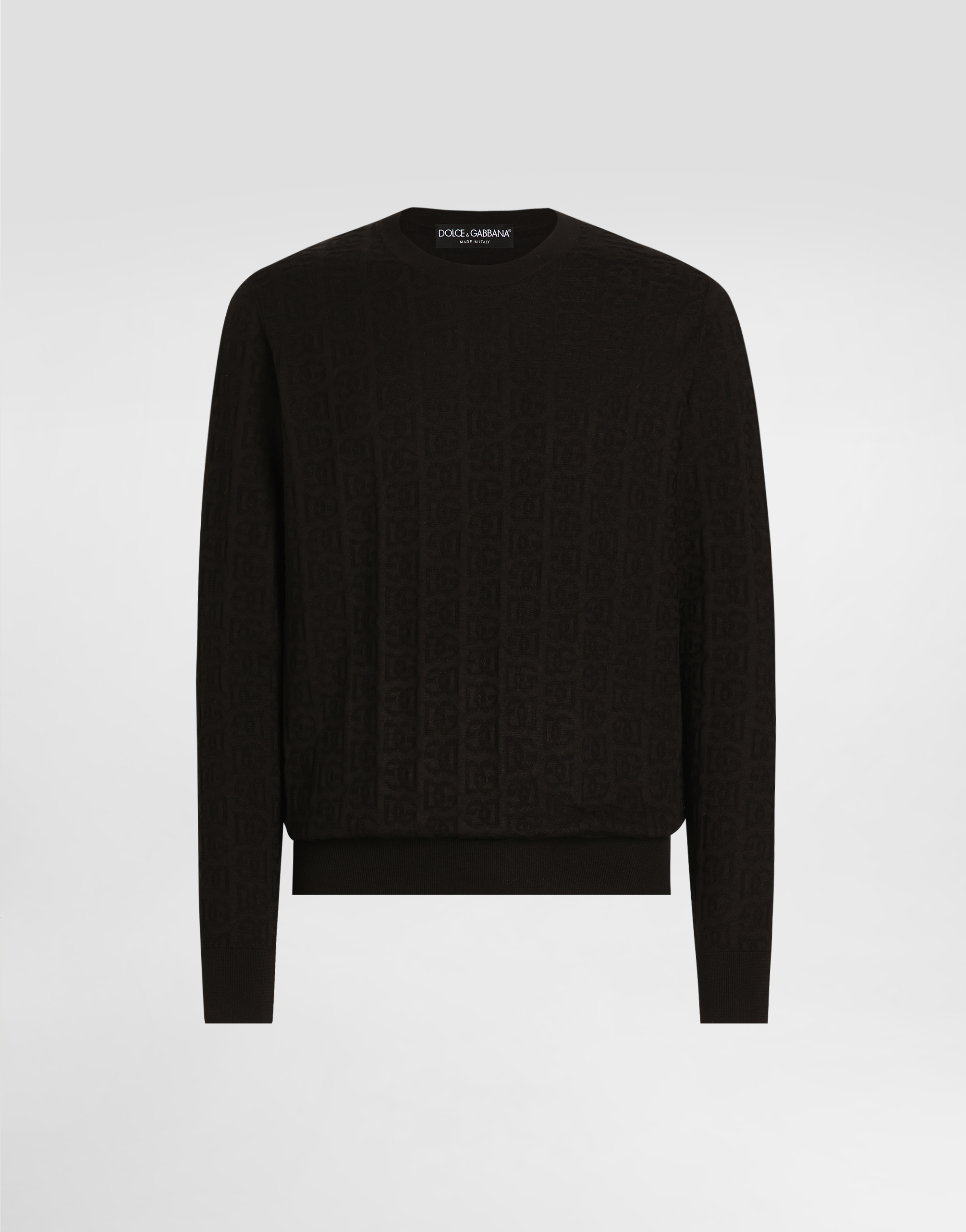 Dolce & Gabbana Silk Round-neck Sweater With All-over Dg Logo Embroidery - Man Sweaters And Cardigans Black