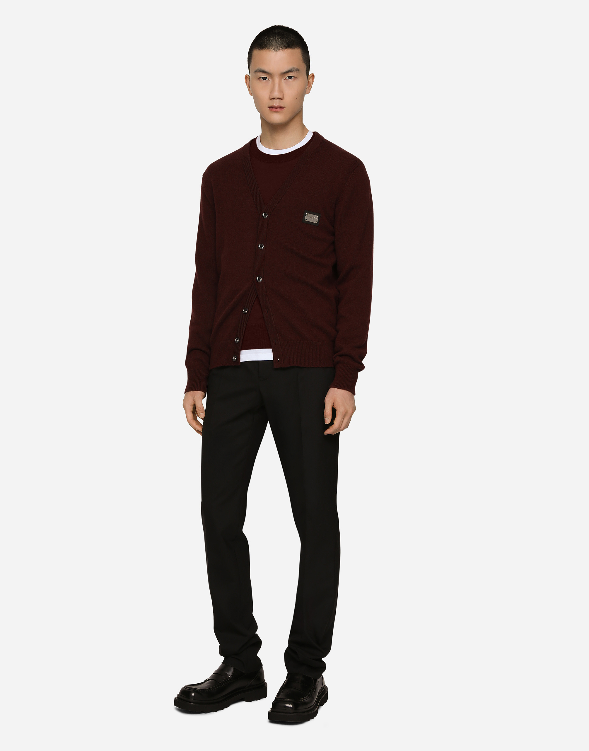 Shop Dolce & Gabbana Cashmere And Wool Cardigan With Branded Tag In Bordeaux