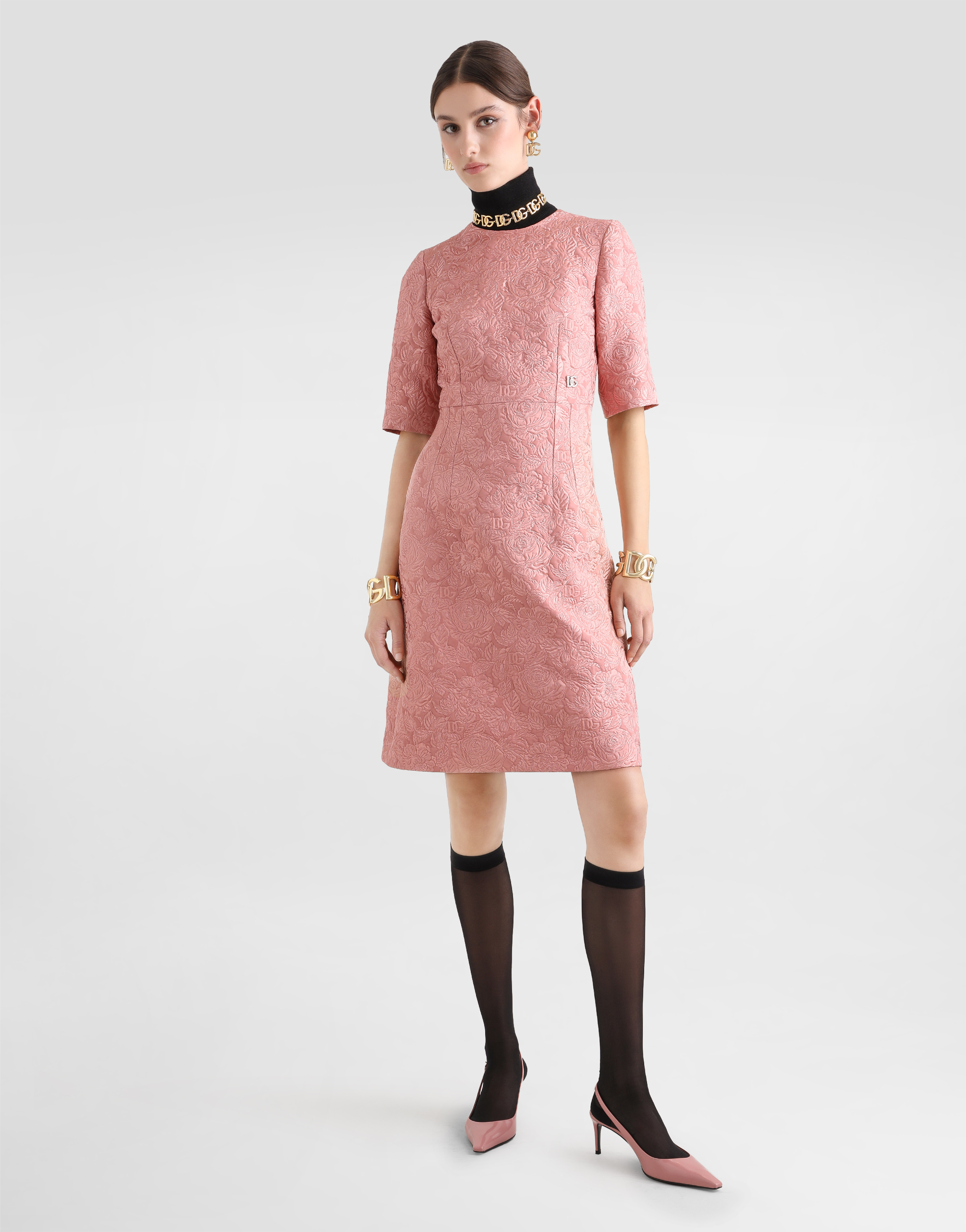 Dolce & Gabbana Floral-jacquard Midi Dress In Pink