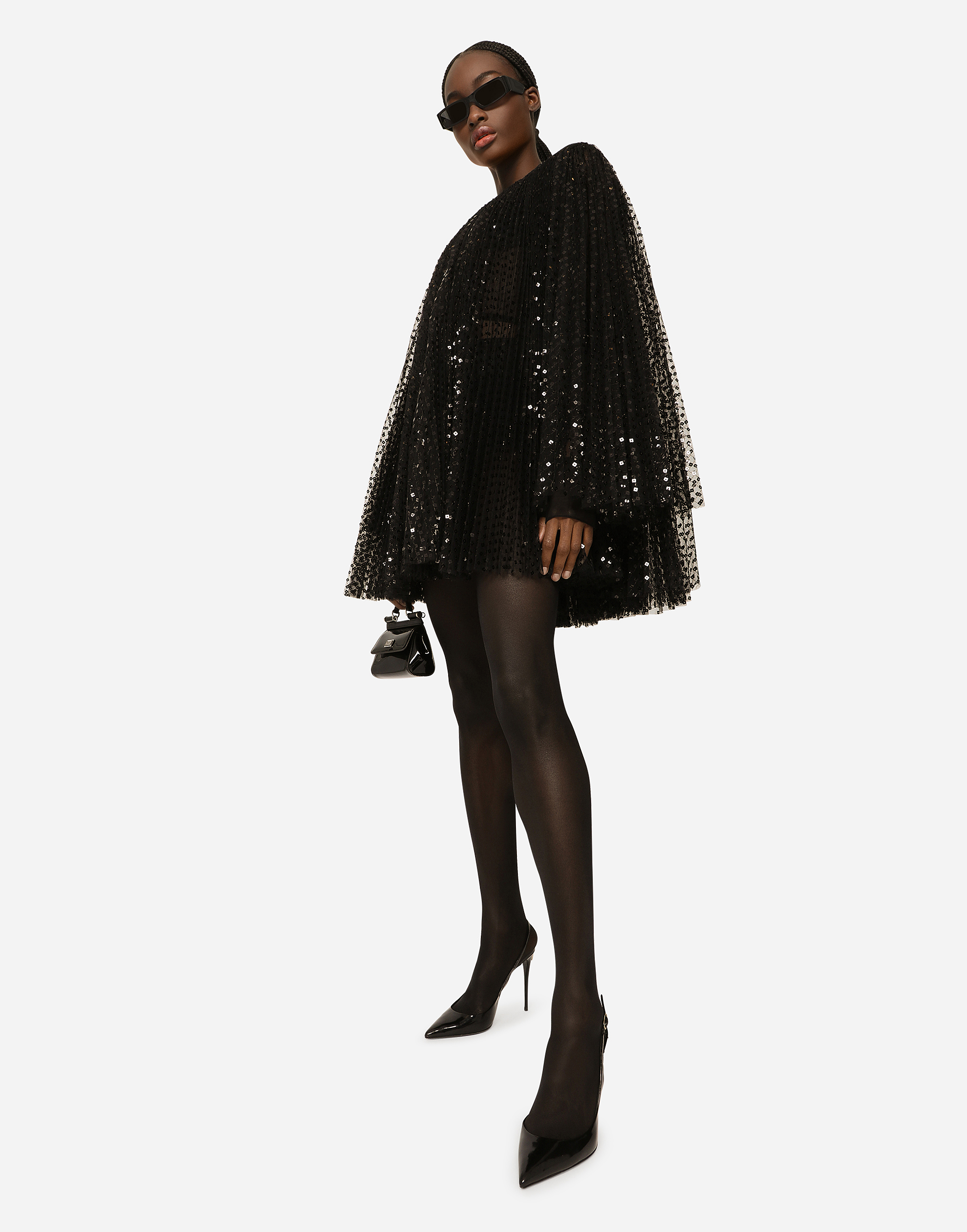 DOLCE & GABBANA SHORT PLEATED DRESS WITH FULL SEQUINED SLEEVES