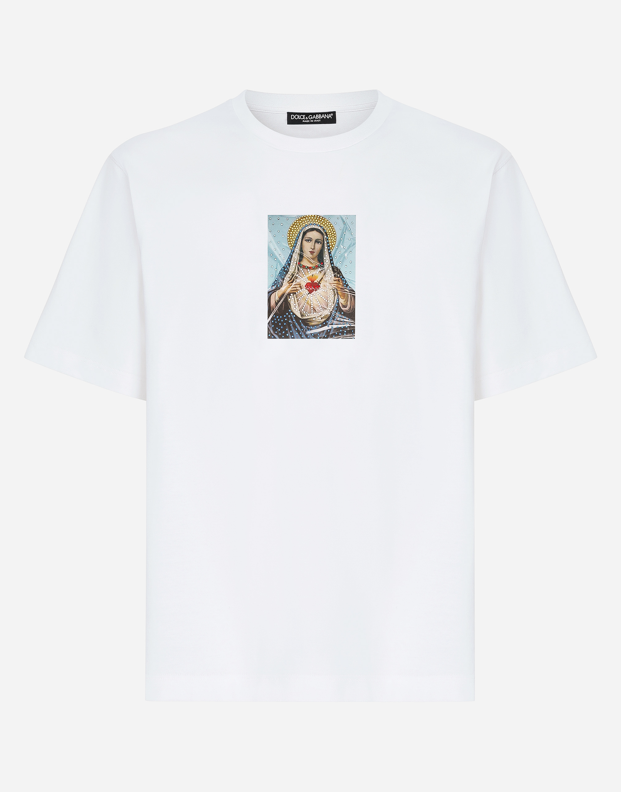 DOLCE & GABBANA PRINTED COTTON T-SHIRT WITH FUSIBLE RHINESTONE EMBELLISHMENT