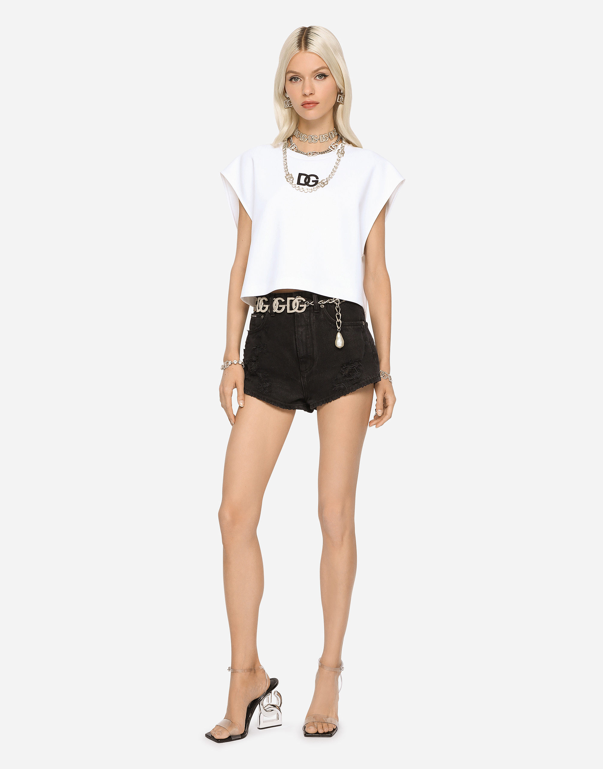 DOLCE & GABBANA CROPPED JERSEY T-SHIRT WITH DG LOGO PATCH